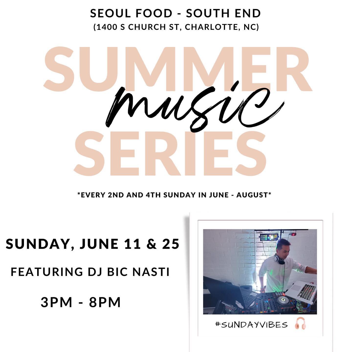 🎶 Our Summer Music Series continues! Seoul Food - South End (1400 Church St) will host local DJ&rsquo;s from 3-8pm on the back patio bar, every 2nd and 4th Sunday until Labor Day. 
.
🎧 DJ Bic Nasti
🍹Food and drinks by Seoul Food 
🐾 Dog park open 