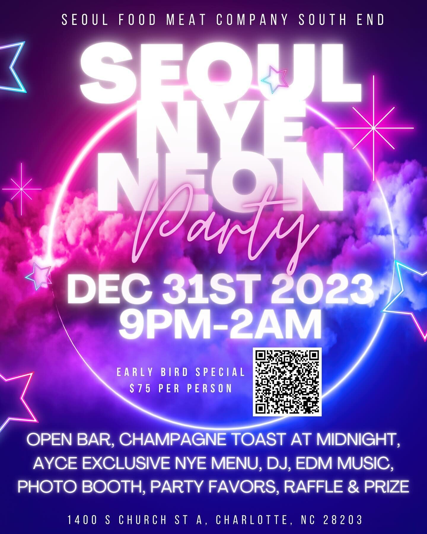⭐️ 🚨GIVEAWAY ALERT 🚨 ⭐️
Seoul Food South End is having an NYE party we want to party with our loyal customers so we are giving away two tickets each to THREE of our followers (6 tickets total). 

	1.	Must Follow @seoulfoodmeatco
	2.	Tag friends you