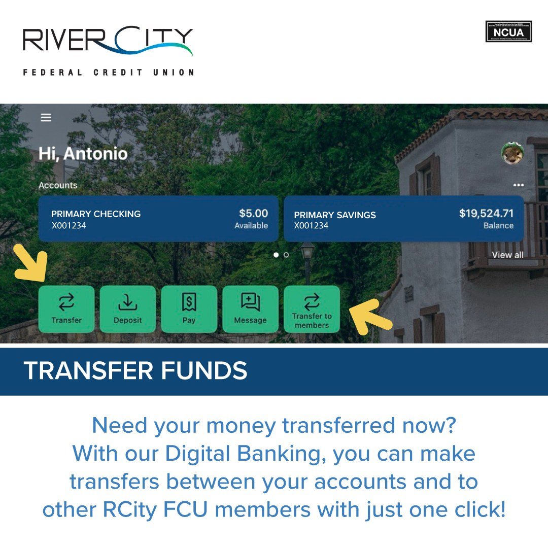 Transfer money quickly, securely and at your convenience with our digital banking. Managing your finances wherever and however is most convenient. Enroll today at https://www.rivercityfcu.org/digital

Haz transferencias de manera segura y eficaz con 