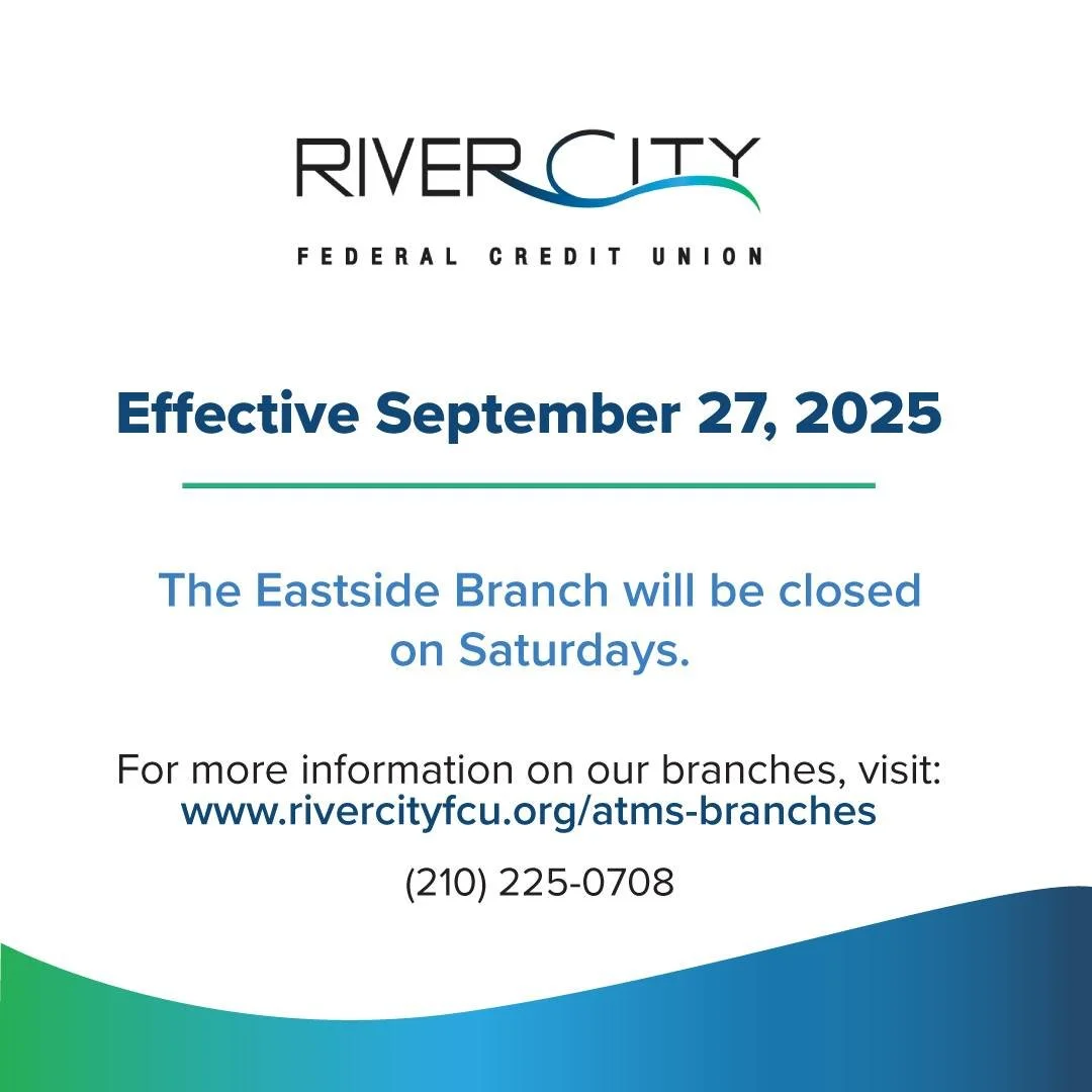 New branch hours! ⏰
Starting on September 27, 2025, the Eastside Branch will be closed on Saturdays. 
 
For more information on our branches, visit: 
https://www.rivercityfcu.org/atms-branches