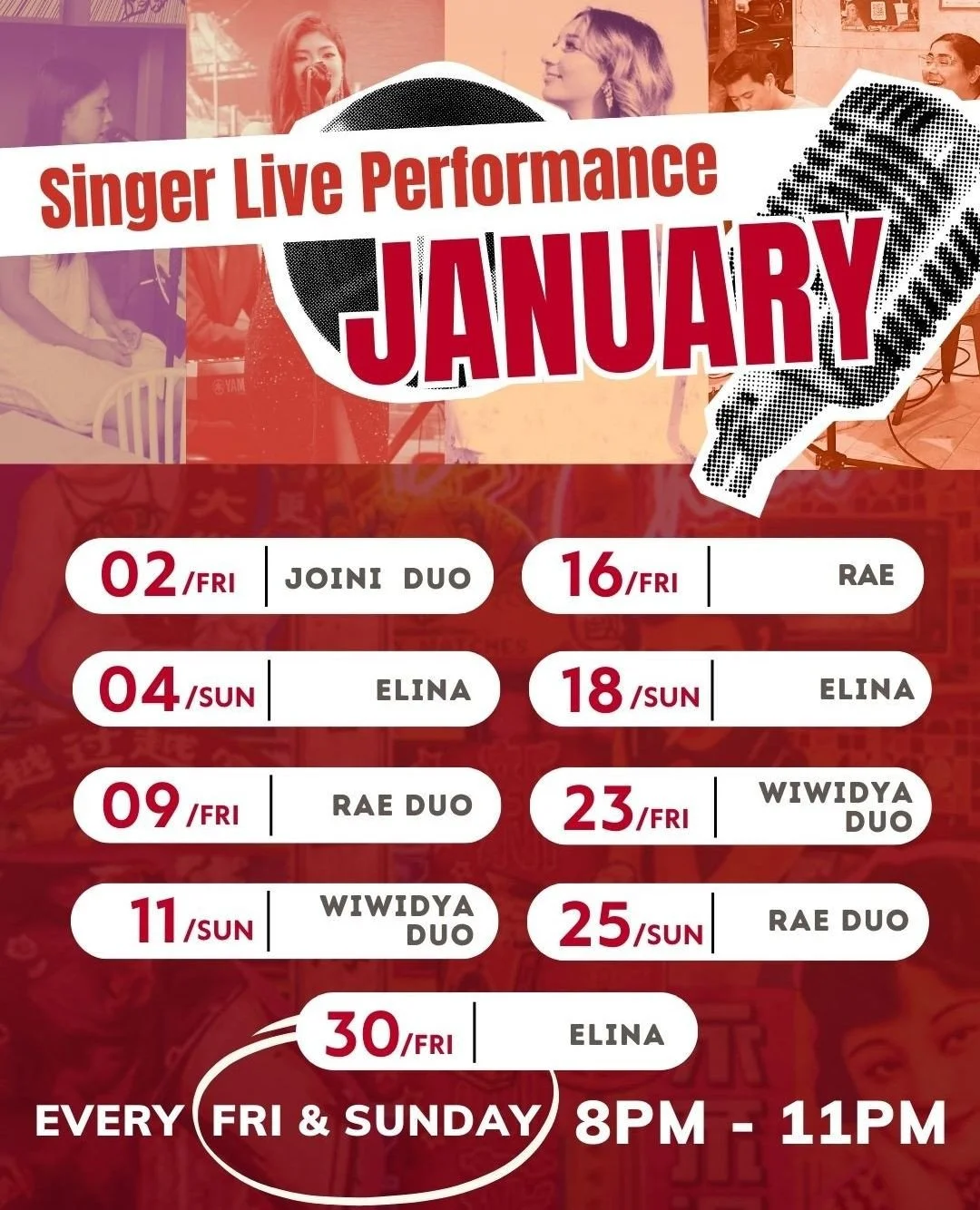 New month🍻 Live music &amp; good vibes all month long! Drinks in hand, weekend mode on 🍸⁠
⁠
We are open today! ⁠

*Update: 9 Jan (Fri) will be changed to a Rae solo performance*

⁠