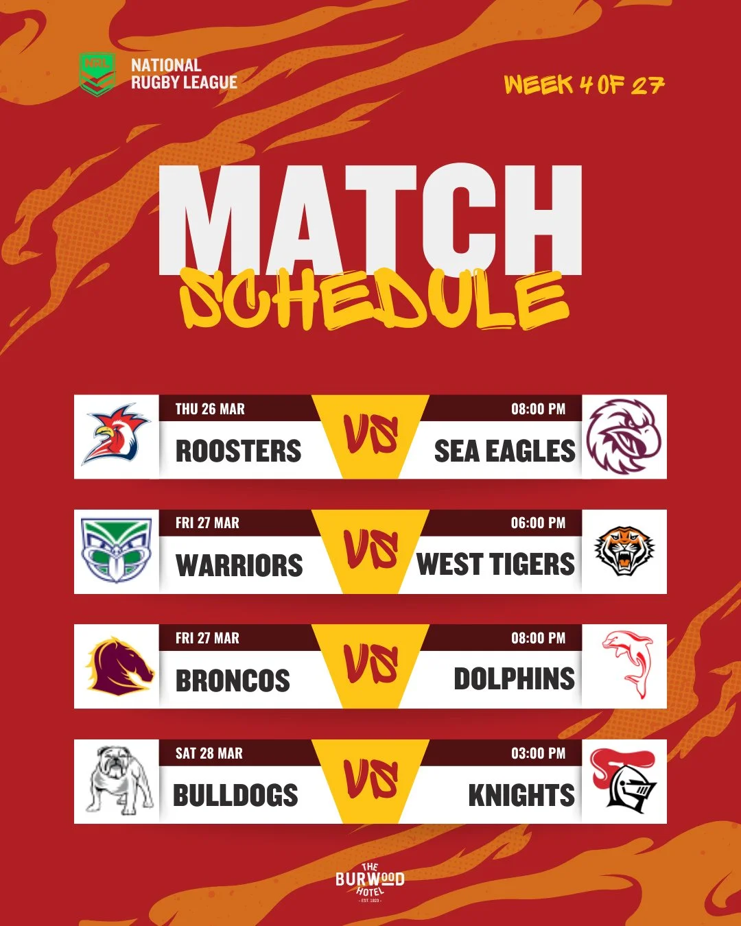 NRL all weekend.⁠
Catch the games at Burwood Hotel, Thu&ndash;Sun. 🏉