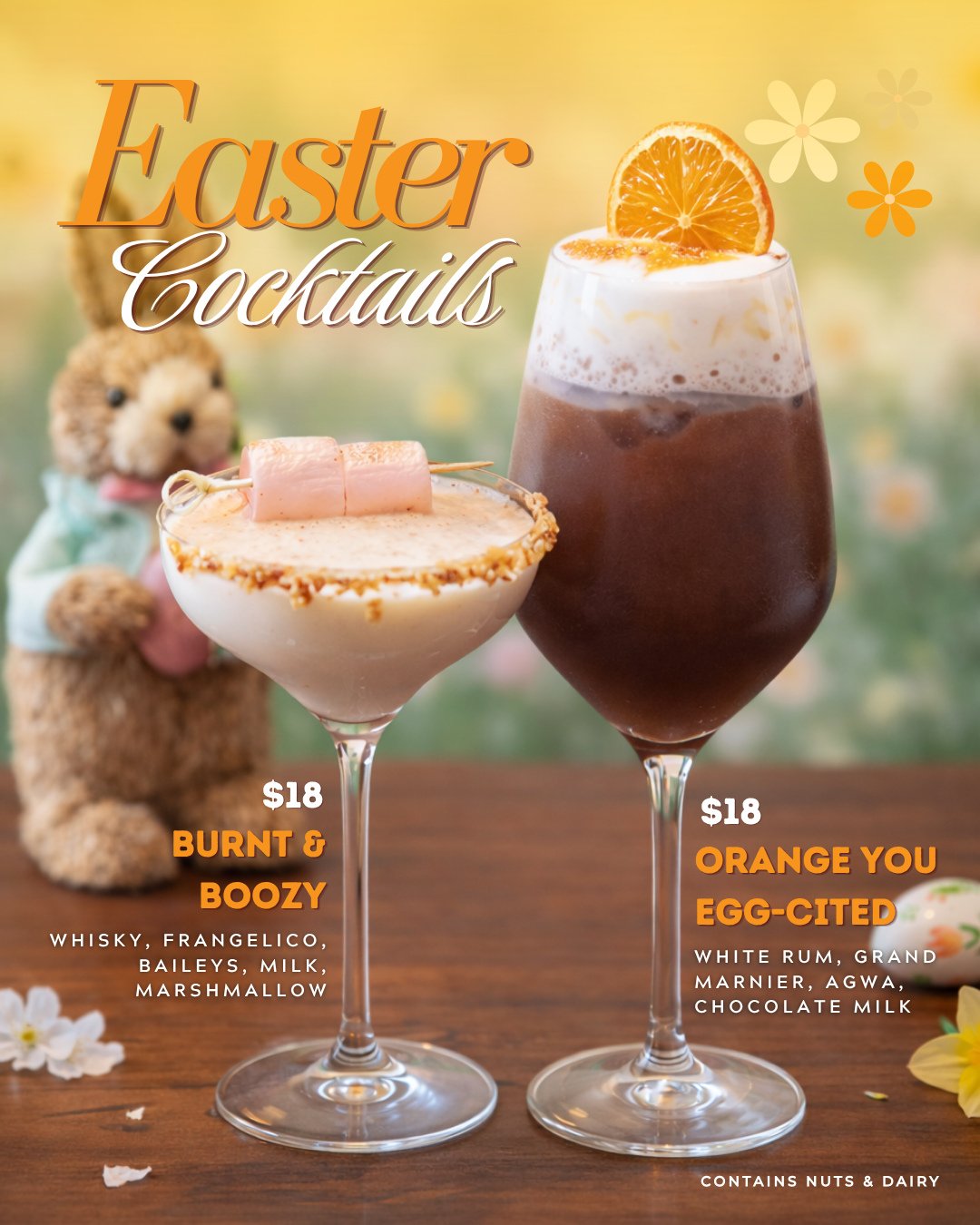 Easter cocktails have entered the chat.⁠
Sweet, boozy, and only here for a hot minute &mdash;⁠
 Orange You Egg-cited or Burnt &amp; Boozy? 🐣🍸⁠