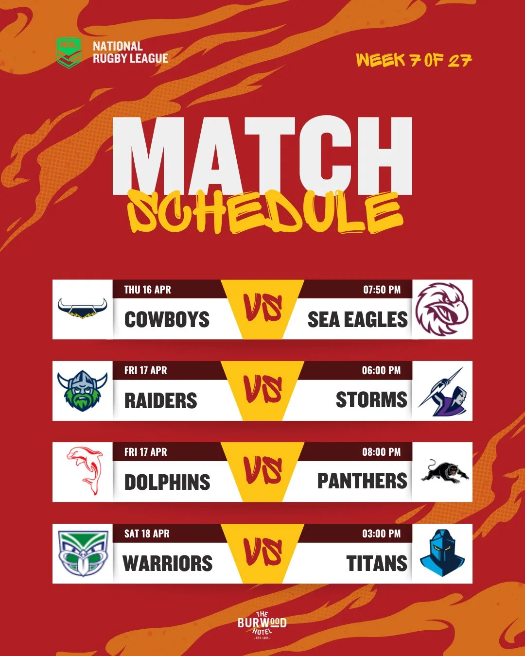 This week&rsquo;s NRL lineup is sorted. ⁠
See you at TBH from Thursday through Sunday. 🏉🍻