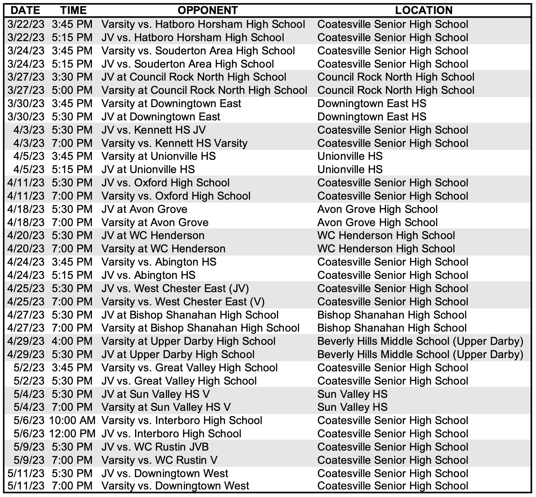 Schedule — COATESVILLE LACROSSE