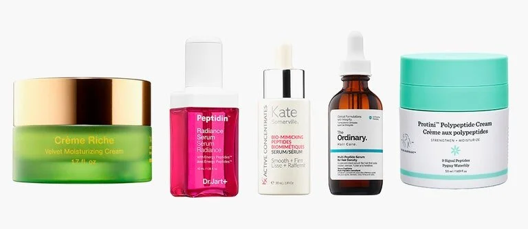 Tata Harper, Crème Riche Anti-Aging Peptide Night Cream, $195; Dr. Jart+ Peptidin Radiance Serum, $48; Kate Somerville, Kx Active Concentrates Bio-Mimicking Peptides Serum, $98; The Ordinary, Multi-Peptide Serum for Hair Density, $17.…