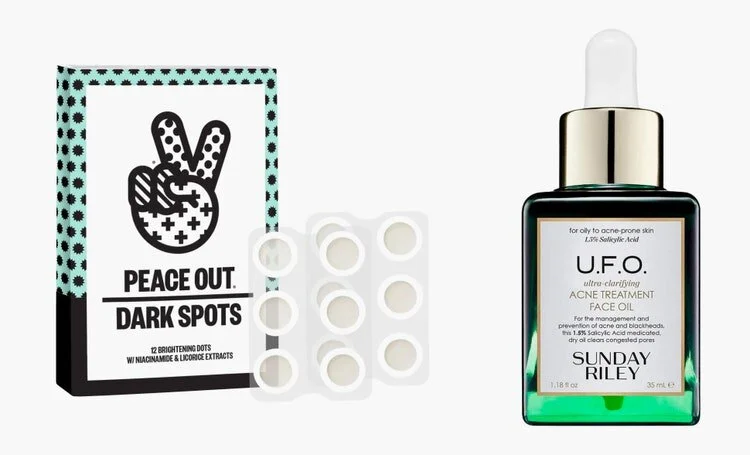 Microneedling Dark Spot Brightening Dots, Peace Out, $28; U.F.O. Ultra-Clarifying Face Oil, Sunday Riley, $80