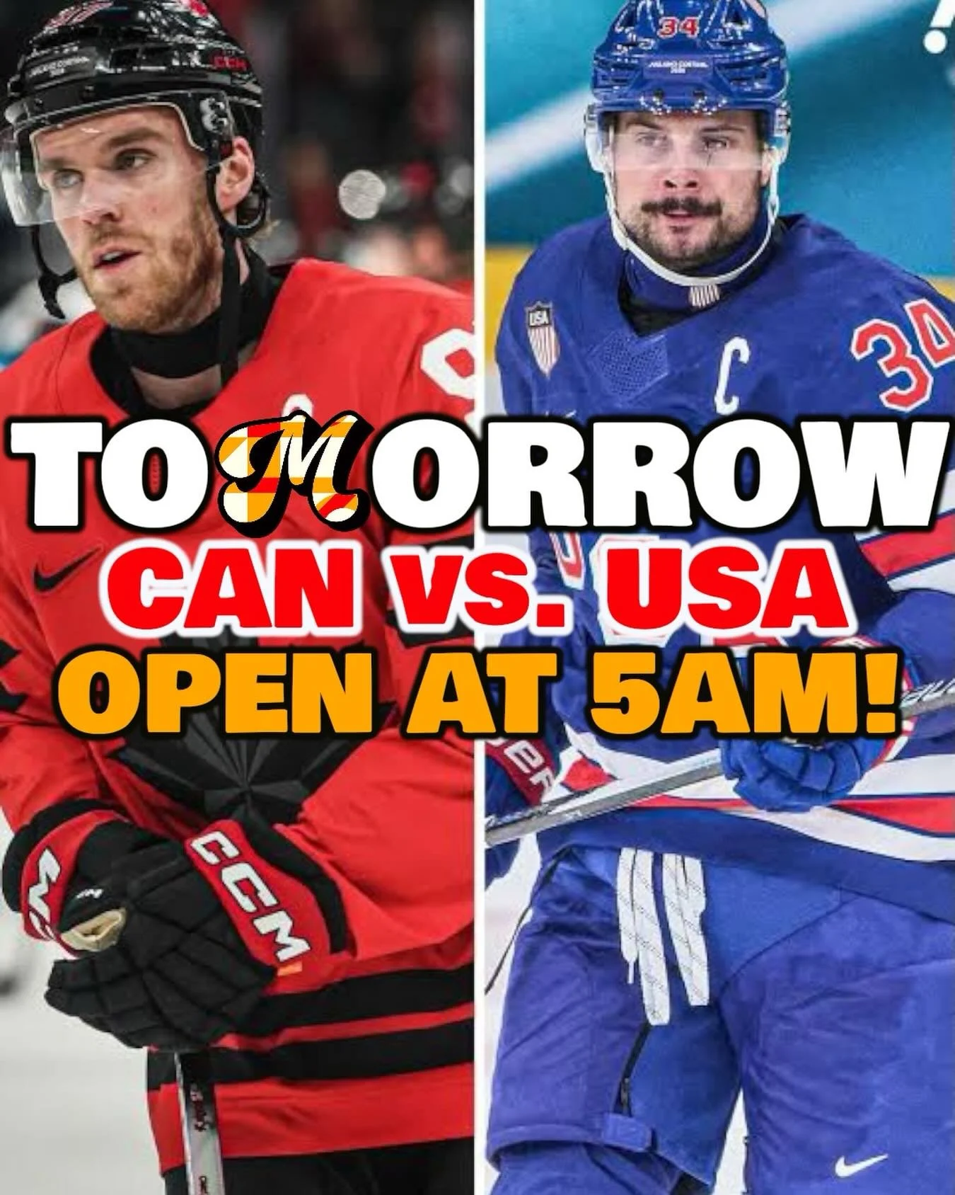 UP AND AT THEM BOYS

TOMORROW!
CANADA VS. USA!!
OLYMPIC GOLD MEDAL FINAL!!!
FIVE FREAKING AM!!!!

Come cheer on our boys tomorrow as they go for the GOLD!

No reservations &mdash; first come, first served. Beer on tap. Timbits on us.

Excuse us while