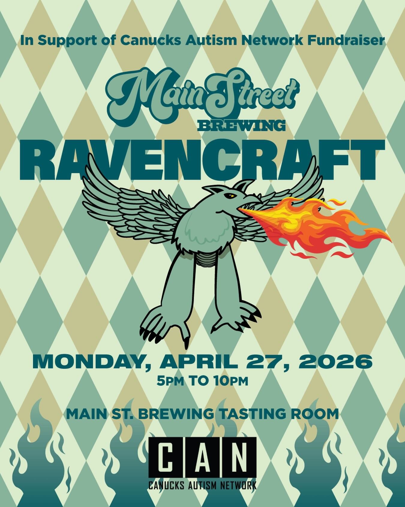 FUN-RAISER

Our FOURTH (!) annual fundraiser in support of the Canucks Autism Network (CAN) is taking place at Main St. Brewing on Monday, April 27 from 5 to 10 p.m.

We&rsquo;ll also be launching a special beer &mdash; RAVENCRAFT Italian Pilsner &md