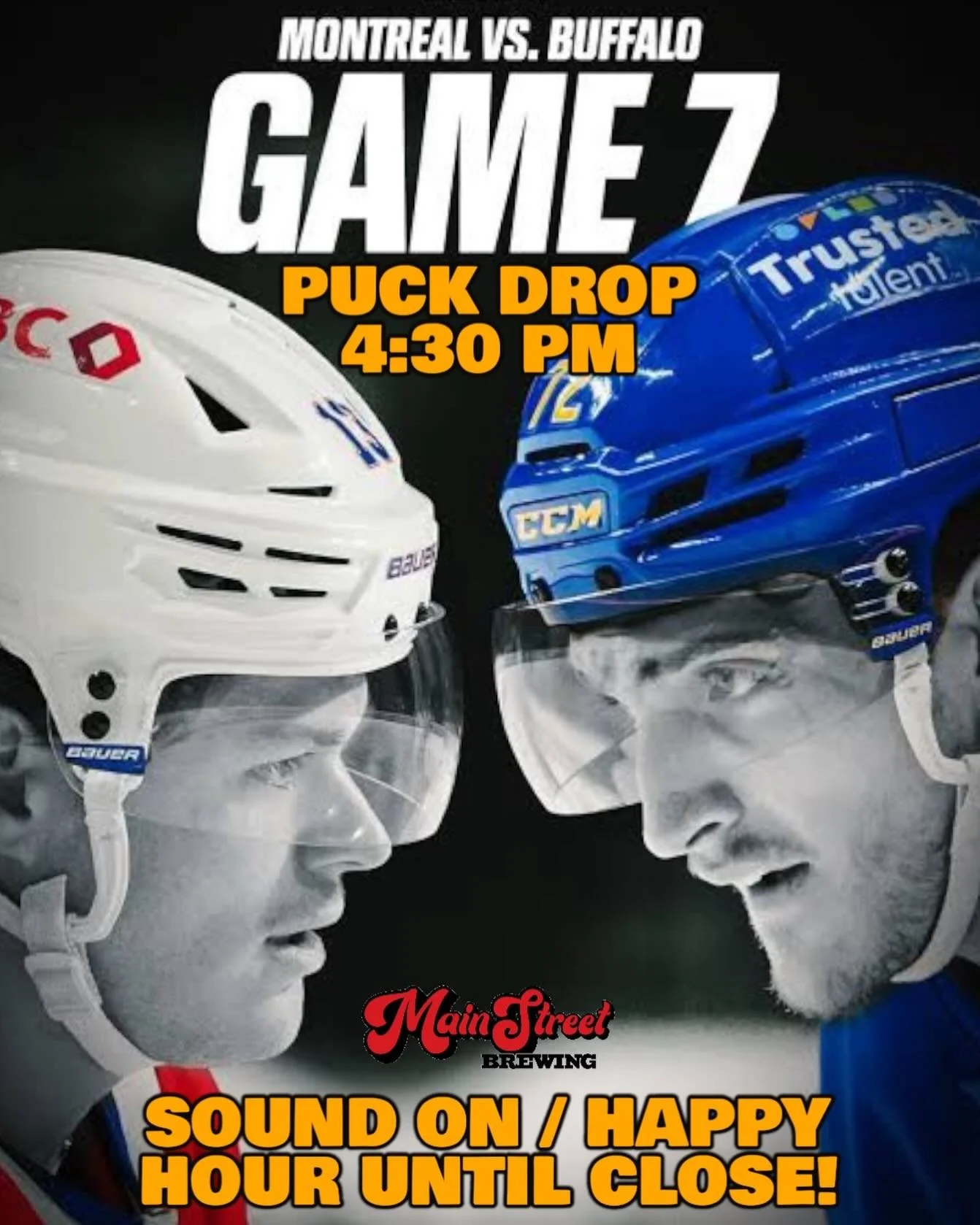 HAPPY STICK-TORIA DAY!

GAME 7! HABS VS. HAB NOTS!

Come cheer on Canada&rsquo;s (and Quebec&rsquo;s) last, best hope in the NHL playoffs as Les Canadiens take on les Sabres de Buffalo at 4:30 PM!

Game on the big screen with full sound and ALL DAY, 
