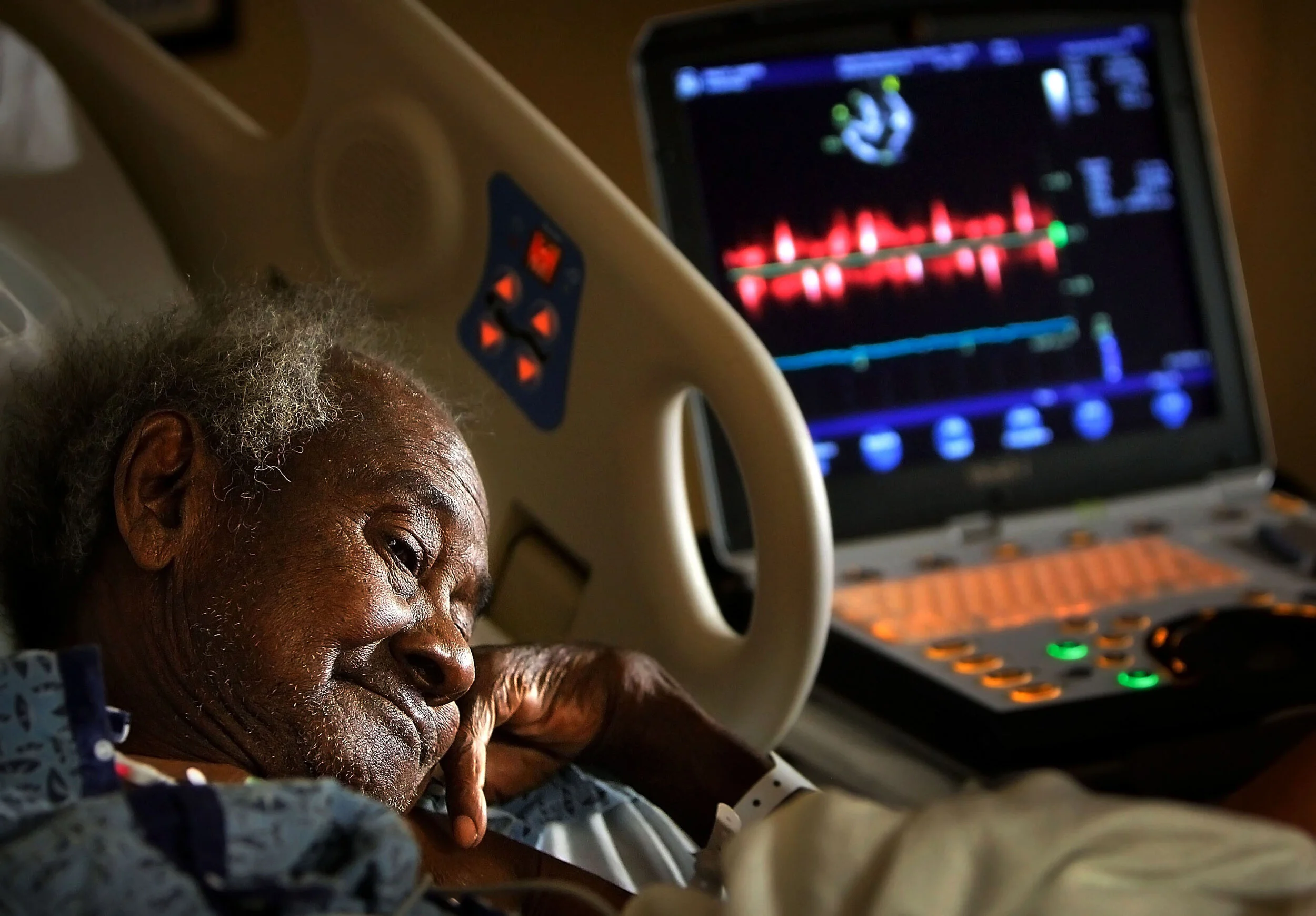  Sammie Bailey, 73, from Coldwater, Miss.,  listens to the sound of his heart as he receives an echocardiogram at Baptist Memorial Hospital in DeSoto Monday morning.  