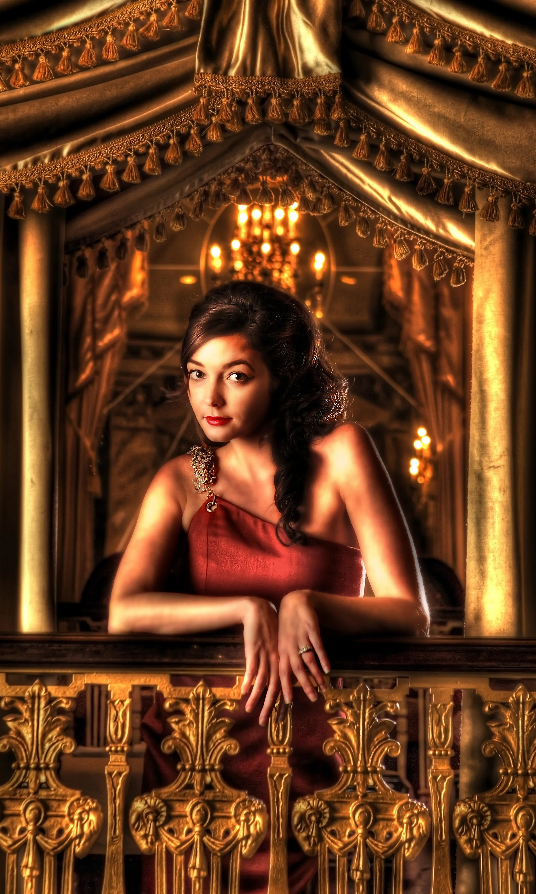  Fashion: Model Kristin Bear in rust jewel-strap cocktail dress at The Peabody Hotel in Memphis. 