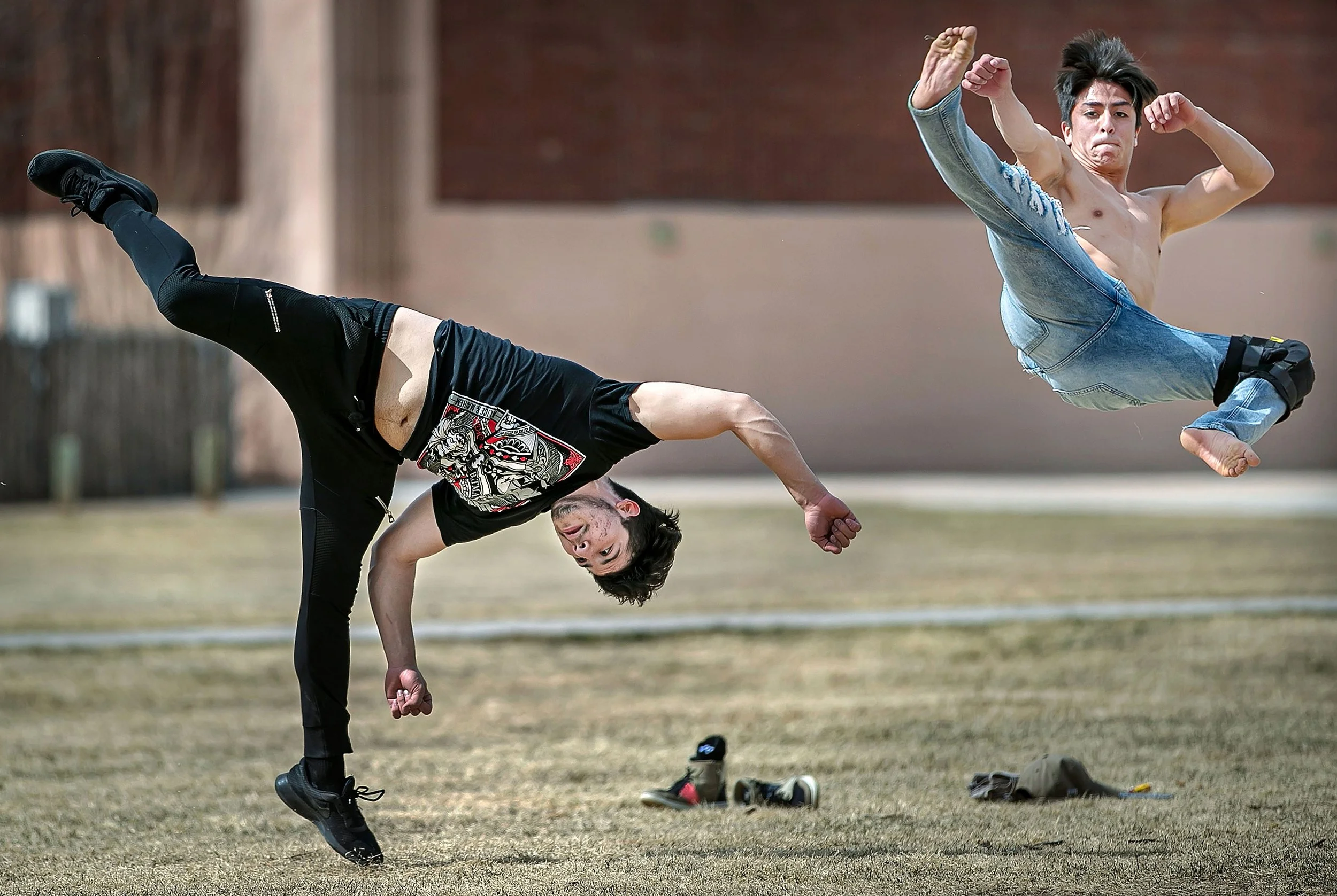  Santa Fe residents Elian Acosta (left) and Alexis Tapia practice their Tricking skills in Magers Field on March 3, 2022 while getting ready for the upcoming Trick Different competition in Denver. Tapia described Tricking as a cross between gymnastic