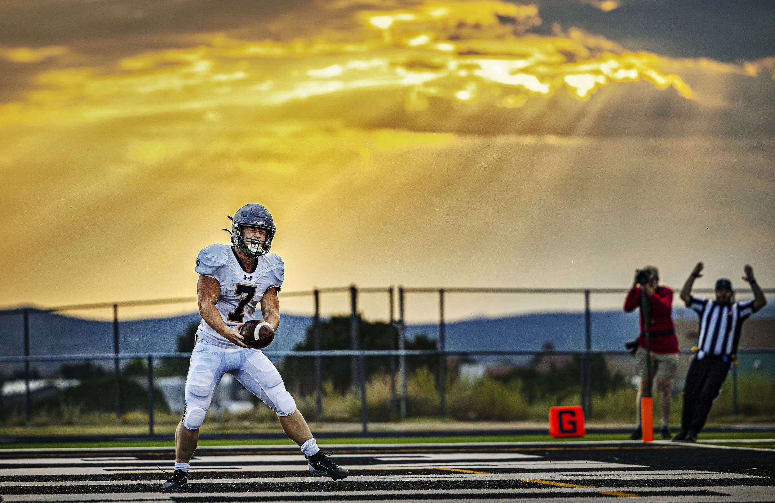  Demons running back Jasper Nelson (7) celebrates alone in the endzone after breaking away for a touchdown against the Jaguars during Santa Fe High School's game against crosstown rivals Capital High at Capital on Friday, Aug. 22, 2025.  