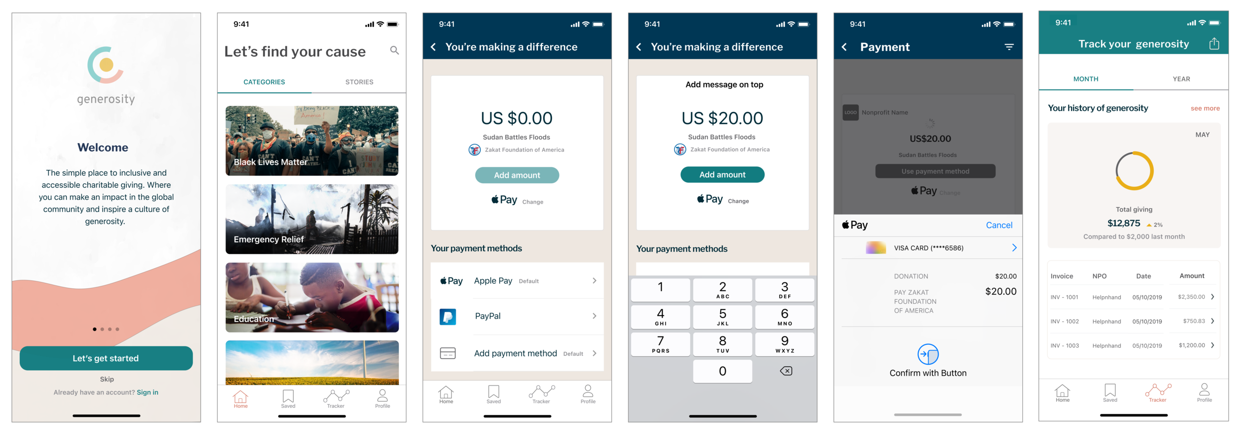 The designs focused on a seamless on-boarding and sign up, a clear path to finding choice of cause through a categorical display, search and filter options, fast checkout process and visual summary of transactions with receipt.