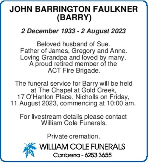 John ‘Barry’ Faulkner — William Cole Funerals Excellence in Funeral