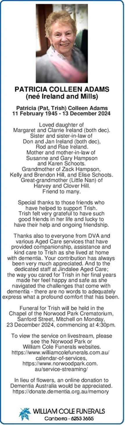 Patsy And George Adams Patricia Adams — William Cole Funerals | Excellence in Funeral Service