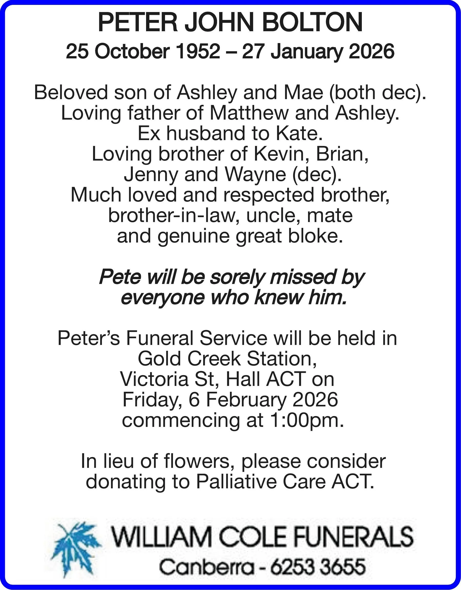 Peter Bolton — William Cole Funerals | Excellence in Funeral Service