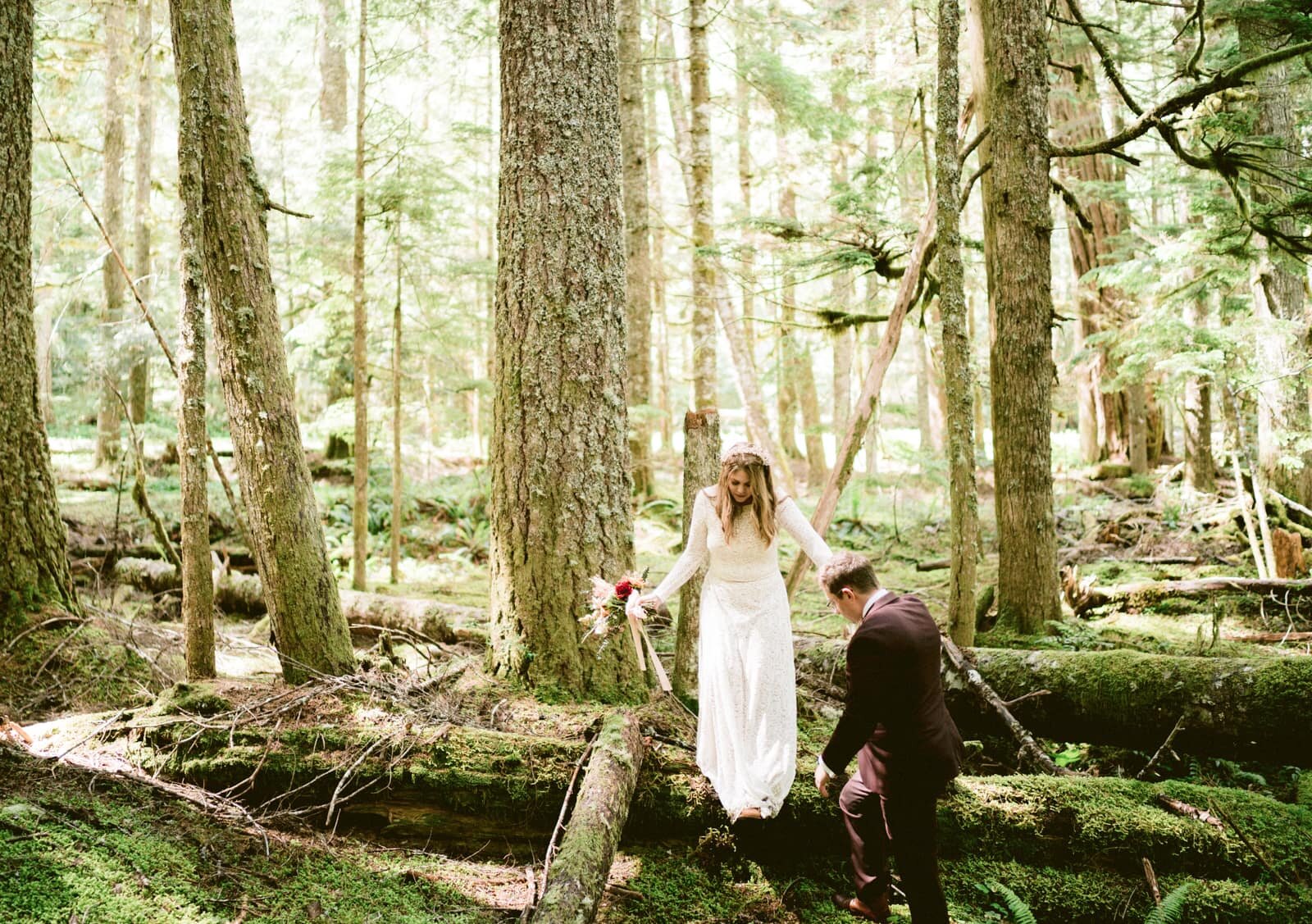 bridal portraits in the woods at mount rainier 