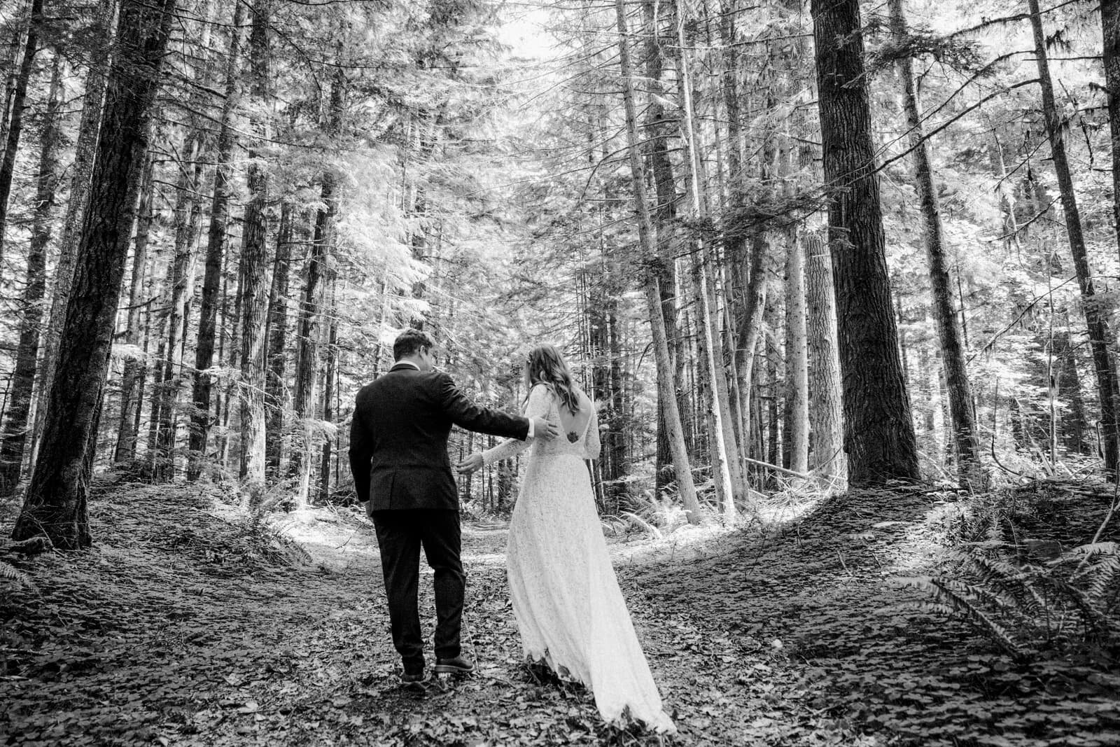 bride and groom walk in the woods at mount rainer