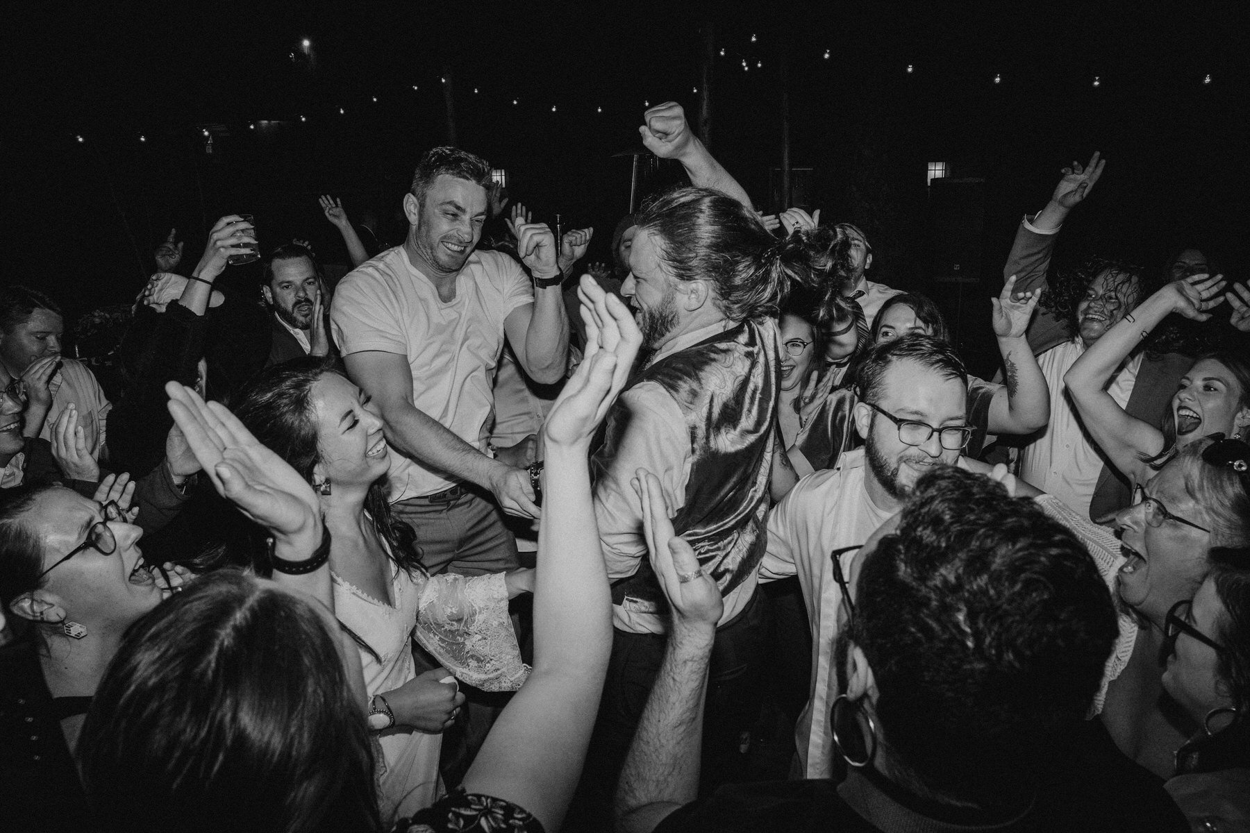 a rowdy wedding party at the evergreen lodge