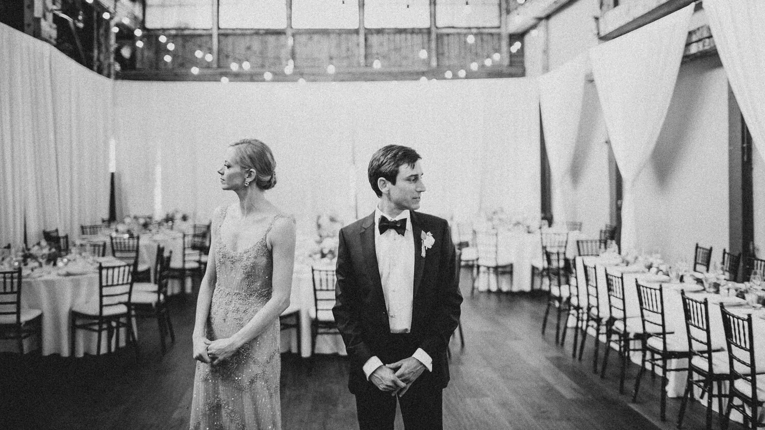 bride and groom st the reception site at Sodo Park.