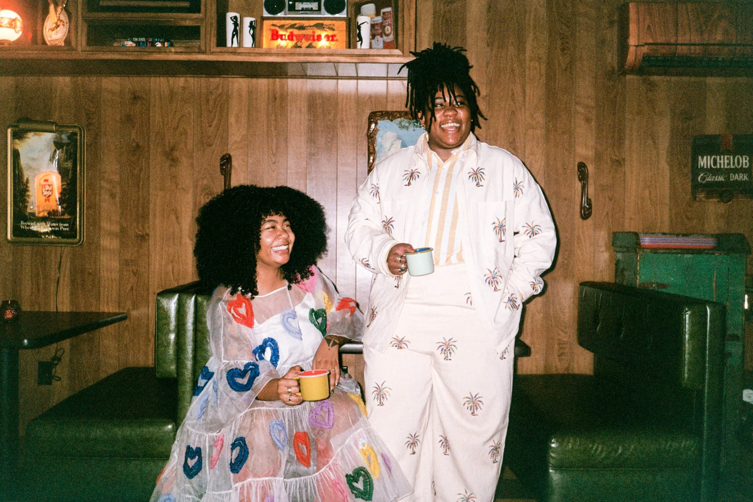 lesbian couple on their wedding day in Nashville at the dive motel in a bar on 35mm film 