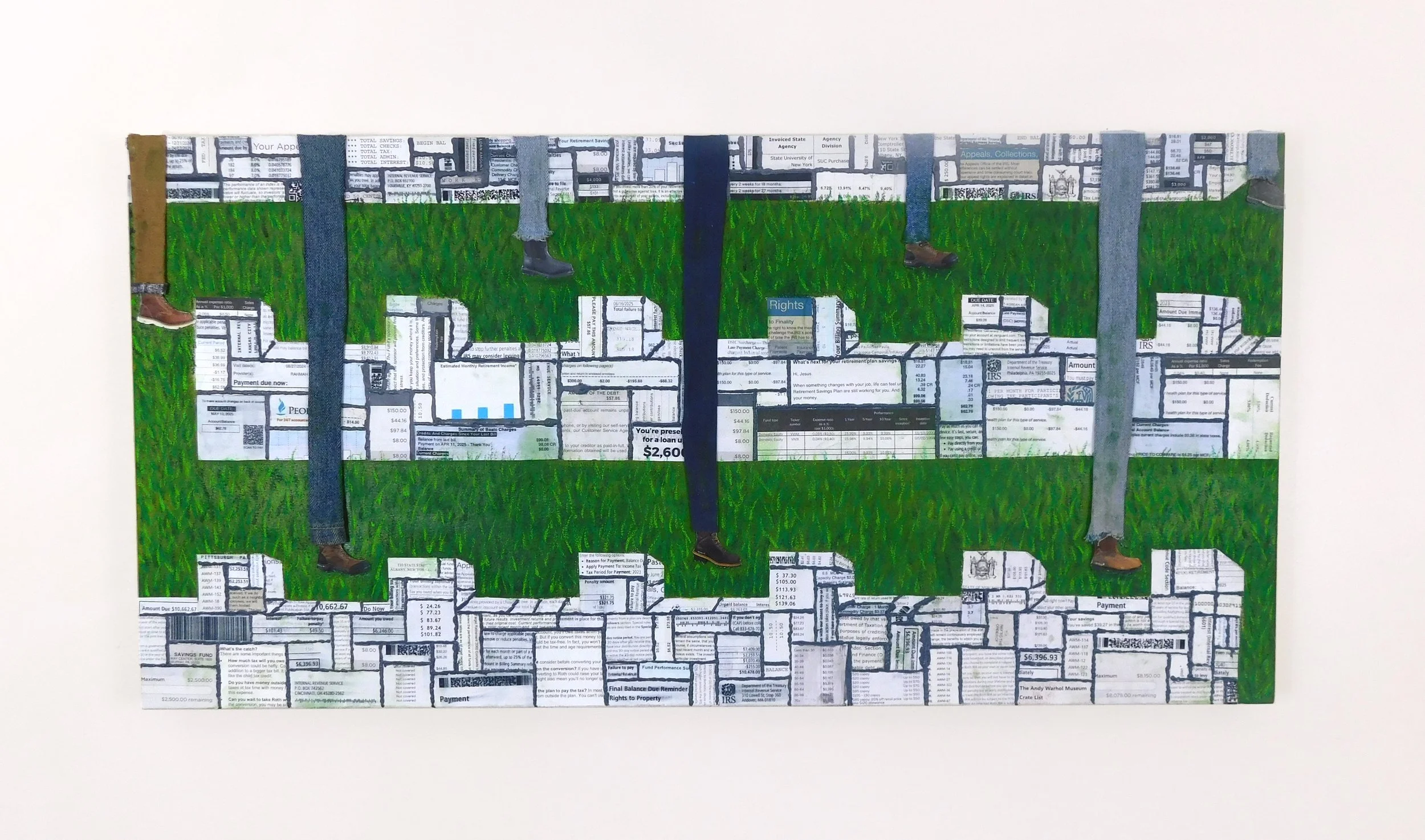 El largo camino por delante para salir adelante, 2025, mixed media on canvas, 18" x 36"