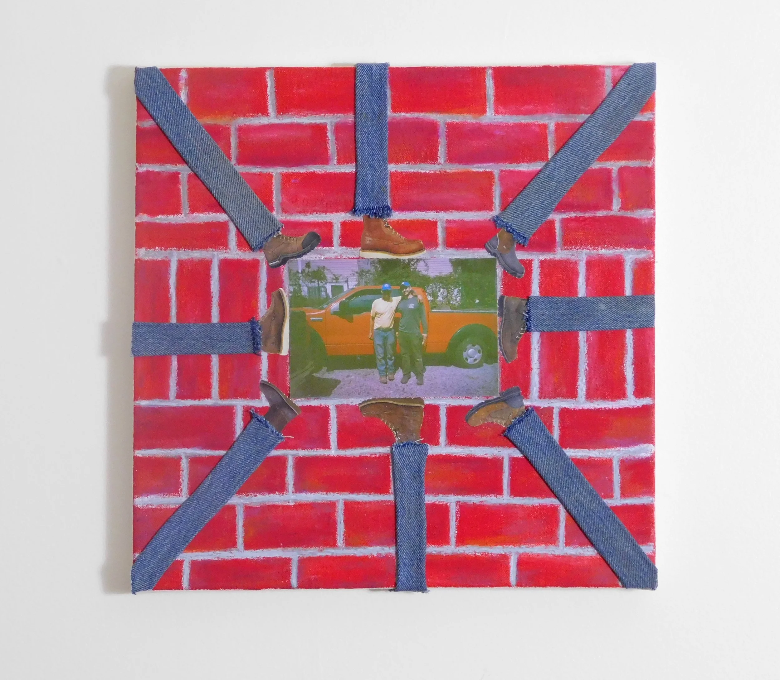 Untitled, 2025, Denim, photo, oil pastel, acrylic paint, and acrylic mediums on canvas, 15"x15."