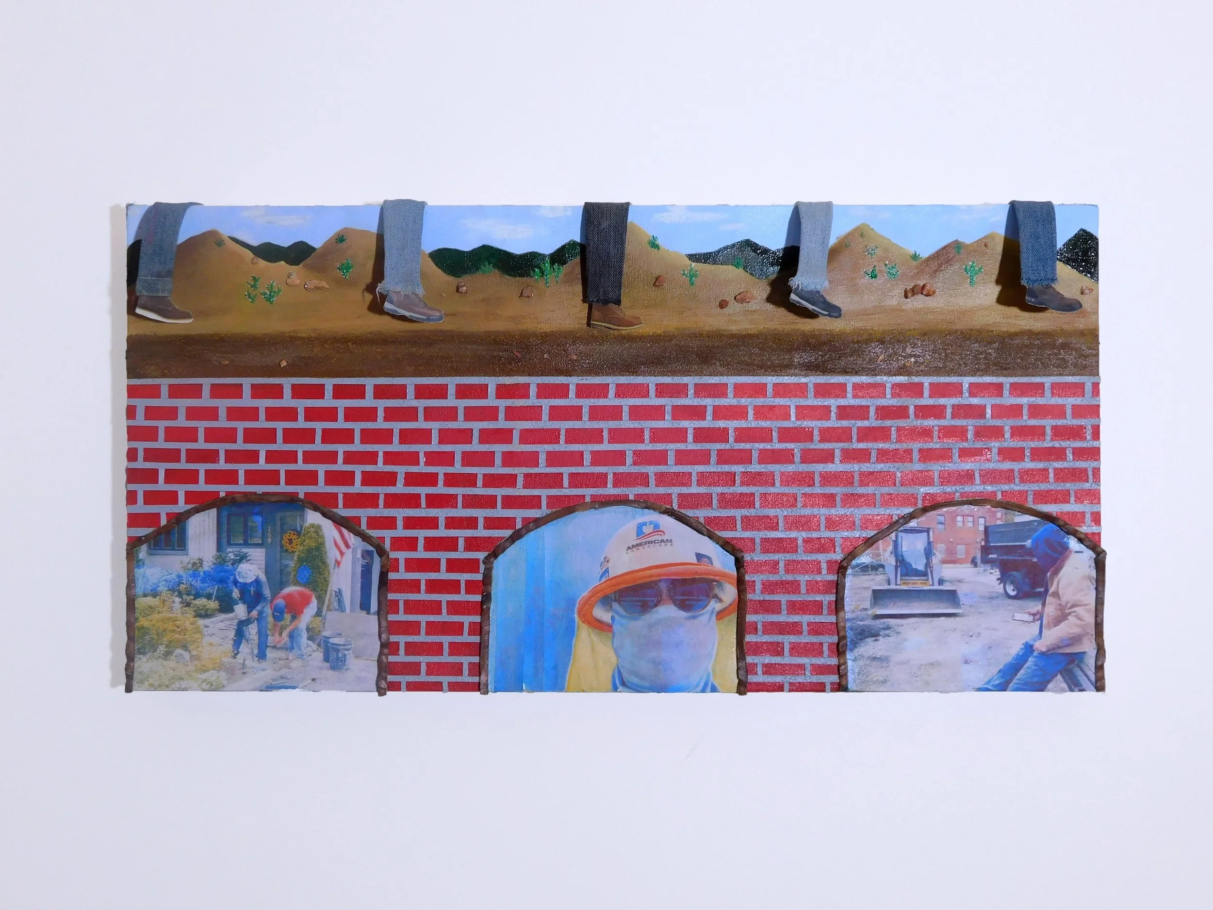 First-gen journey NY/CA/PA/?, 2025,  Denim, riso print, huarache leather, stone, paper, photo, oil paint, oil pastel, acrylic paint, and acrylic mediums on canvas, 18"x 36"