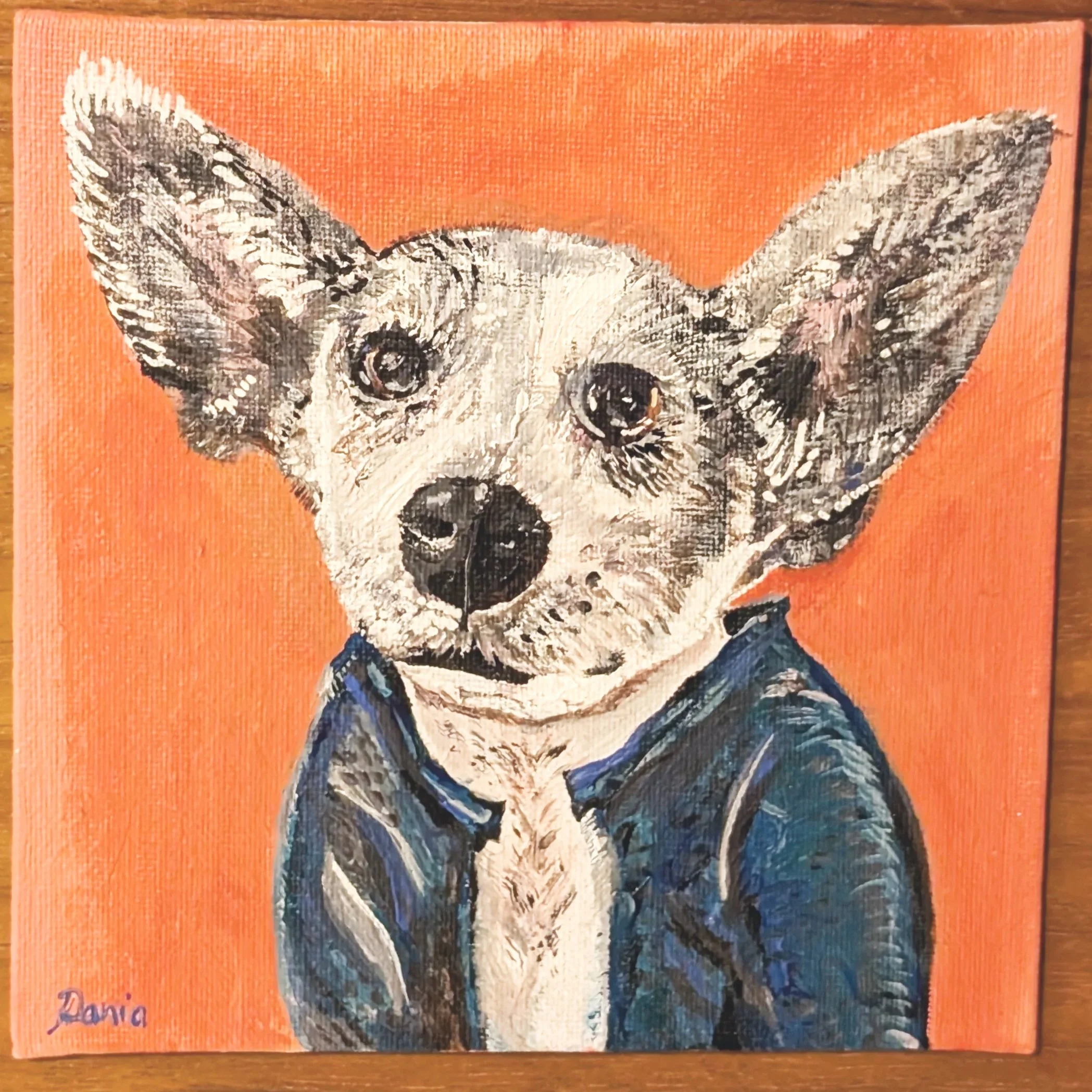 Painting of a small dog with large ears, wearing a dark jacket, against an orange background.