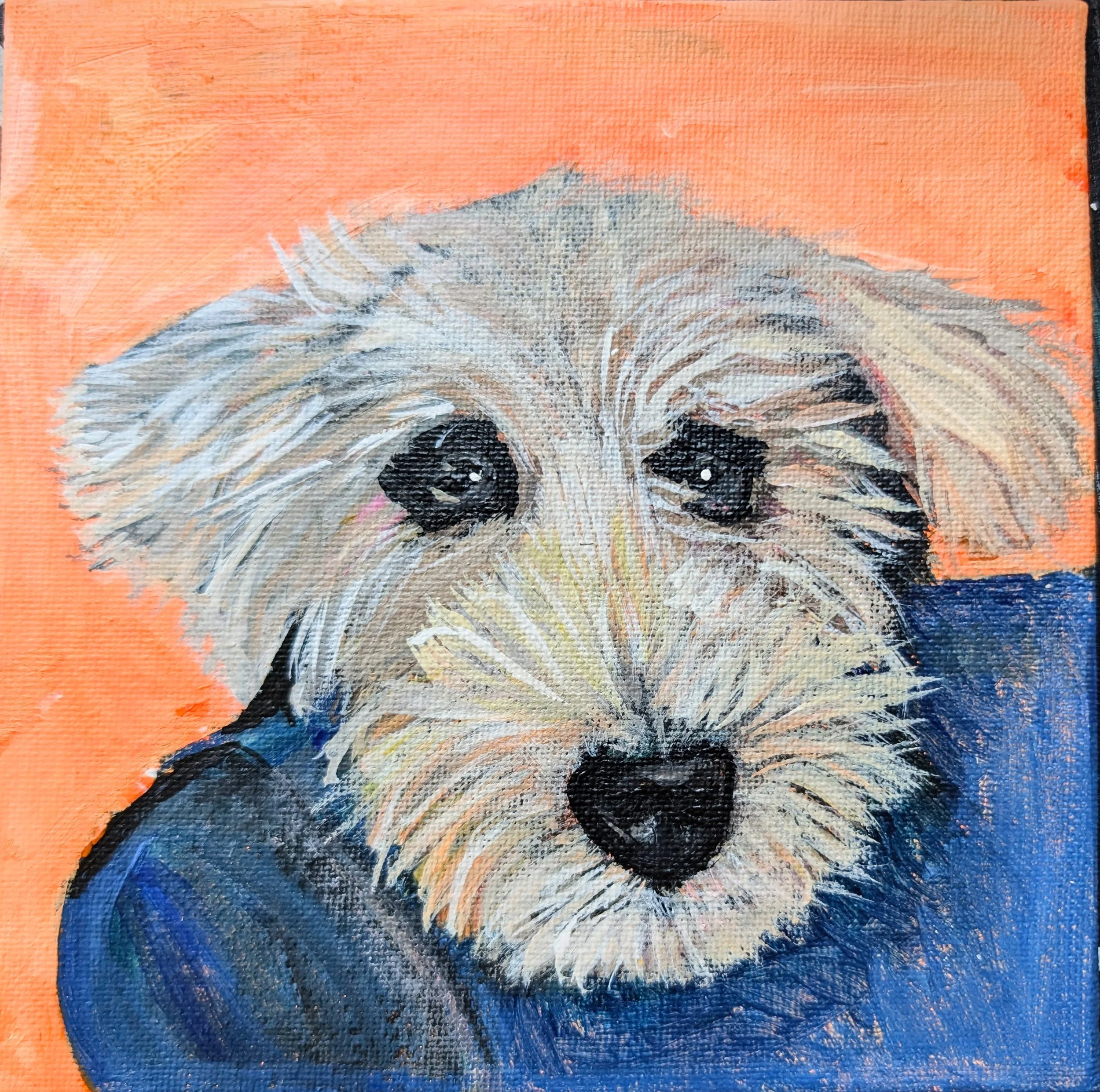 Painting of a dog with fluffy white and light brown fur, dark eyes, and a black nose, wearing a blue shirt, against an orange and blue background.
