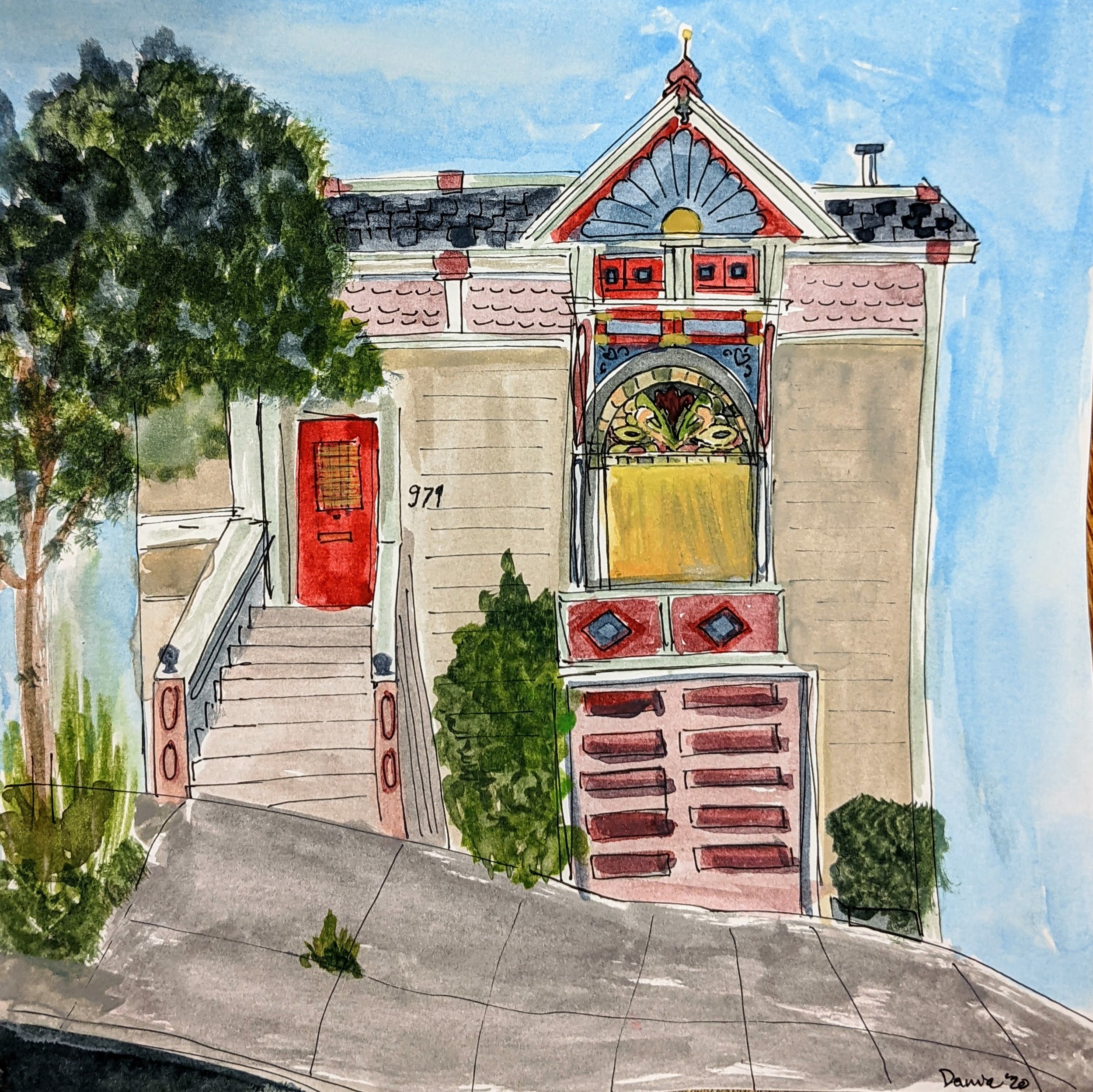 A colorful watercolor painting of a house with a red door, stairs, a garage, and a decorative upper balcony. There are trees and bushes in front, and a light blue sky in the background.