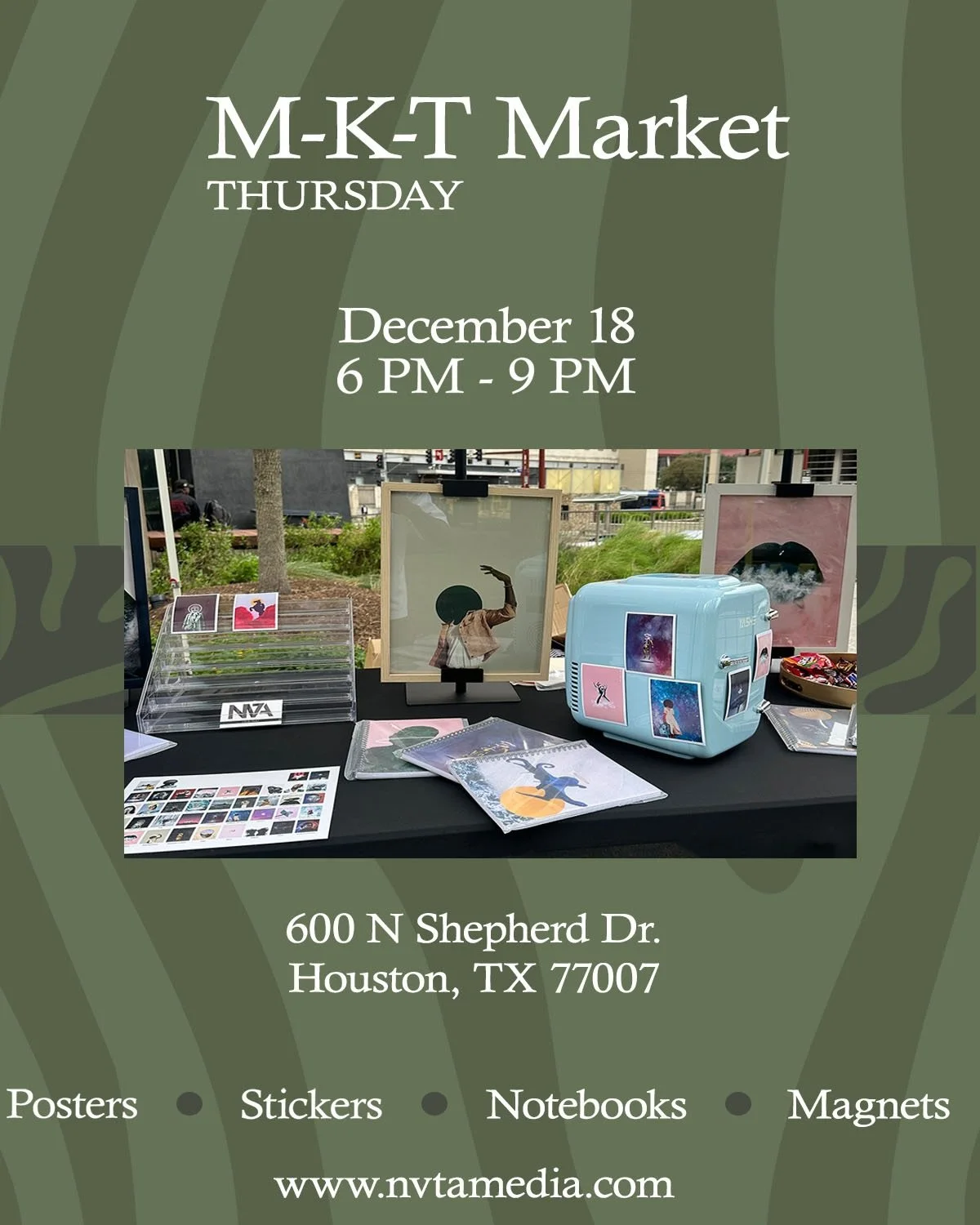 The LAST market of 2025! Come shop, enjoy, chill with us at MKT on Shepherd from 6-9. We will have artwork posters, stickers, notebooks, and magnets.