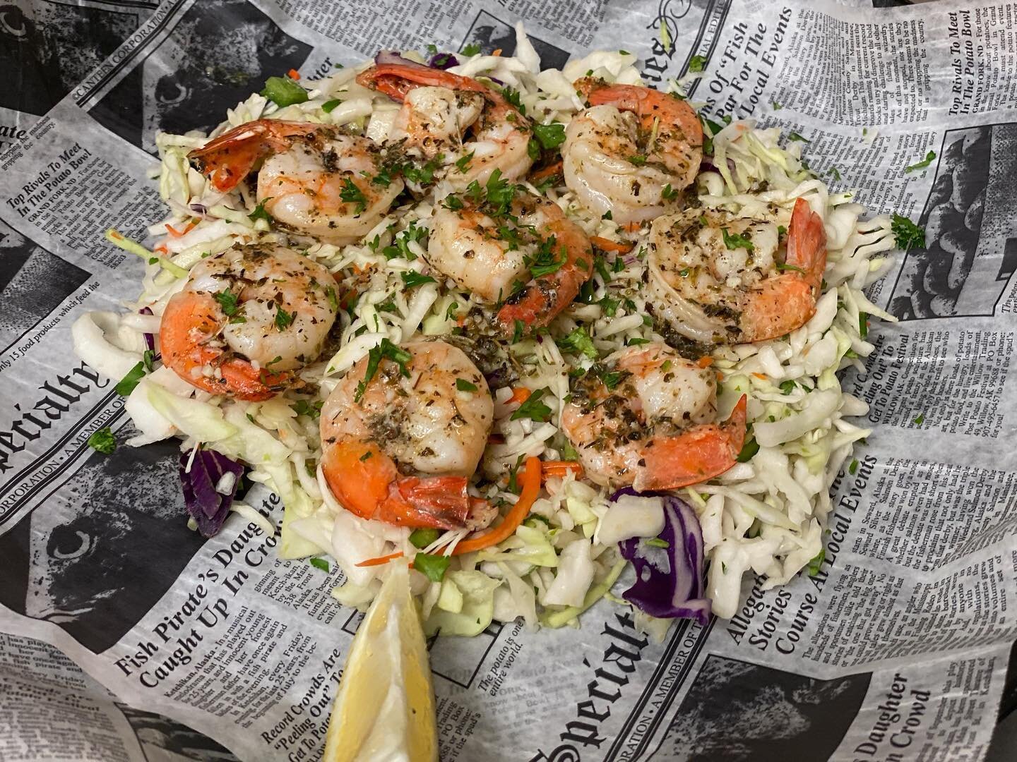 It's light, fresh, cooks up in a matter of minutes &hellip;&hellip;Shrimp Italiano ✔️, served over french fries or cabbage salad. Try these Gulf shrimp, Italian spices, garlic butter &amp; white wine, healthy and cooked to perfection! 🍤 #grilledshri