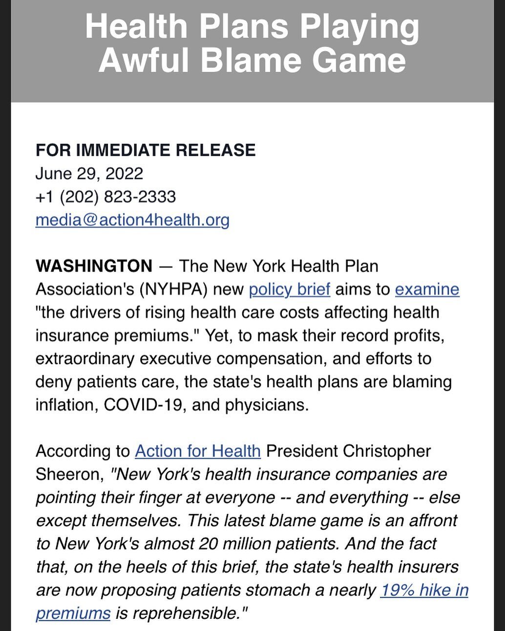 📰 Our latest statement is out this week! Link in bio to read more about how #NewYork&rsquo;s #healthinsurance companies are masking their record #profits, extraordinary executive #compensation, and efforts to deny #patients care by blaming #inflatio