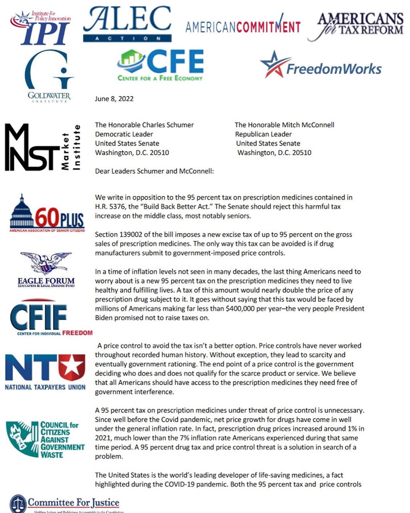 We&rsquo;re proud to join this coalition of 80 #freemarket, #consumer, and #patient advocates in rejecting a new excise #tax of up for 95% on the gross sales of prescription #drugs, as proposed in Section 139002 of the #BuildBackBetter Act. Link to l