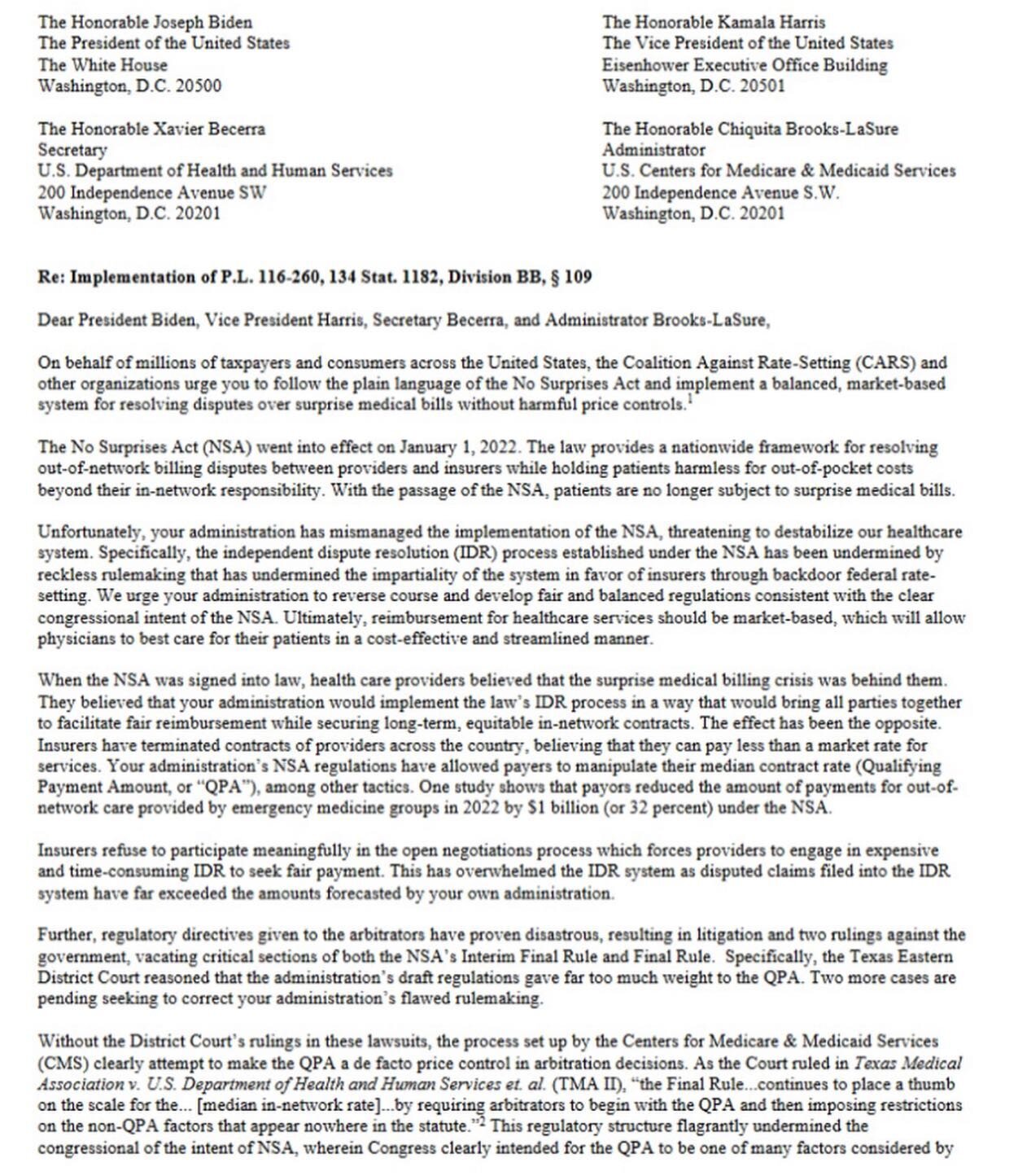 We&rsquo;re proud to join @protectingtaxpayers, @freedomworks, @govwaste, @60plusassociation, and other organizations in sending this #coalition letter on #NoSurprisesAct regulatory implementation to @potus, @vp, and @hhsgov. Link to full letter in b