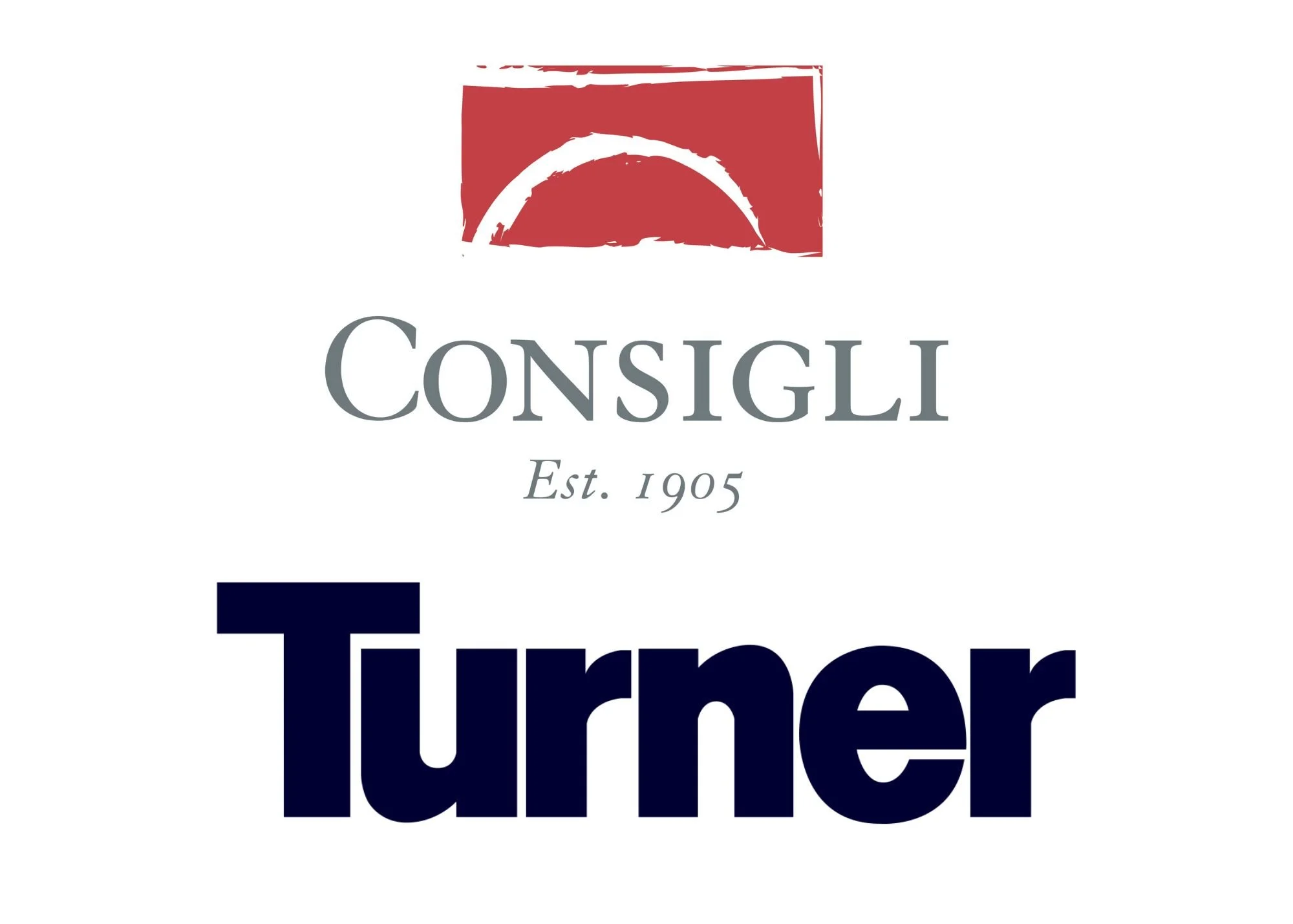 Logo with a red rounded square icon, the word 'Consigli' in gray with 'Est. 1905' underneath, and 'Turner' in bold navy blue letters below.