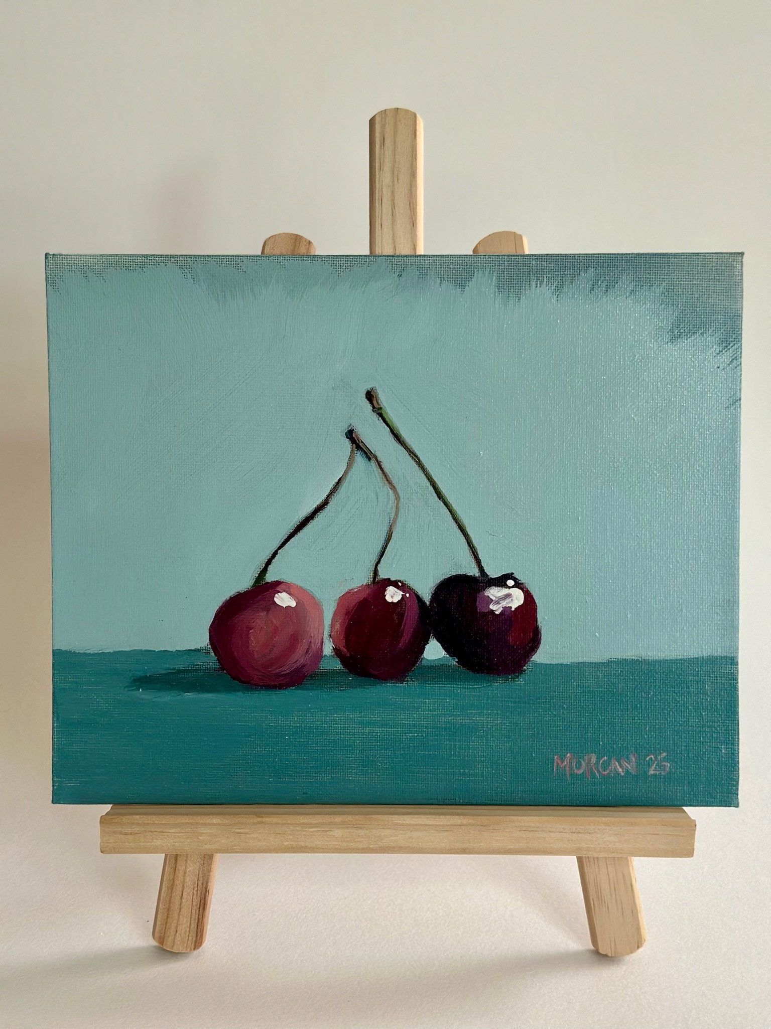Three Teal Cherries, 8"x10"