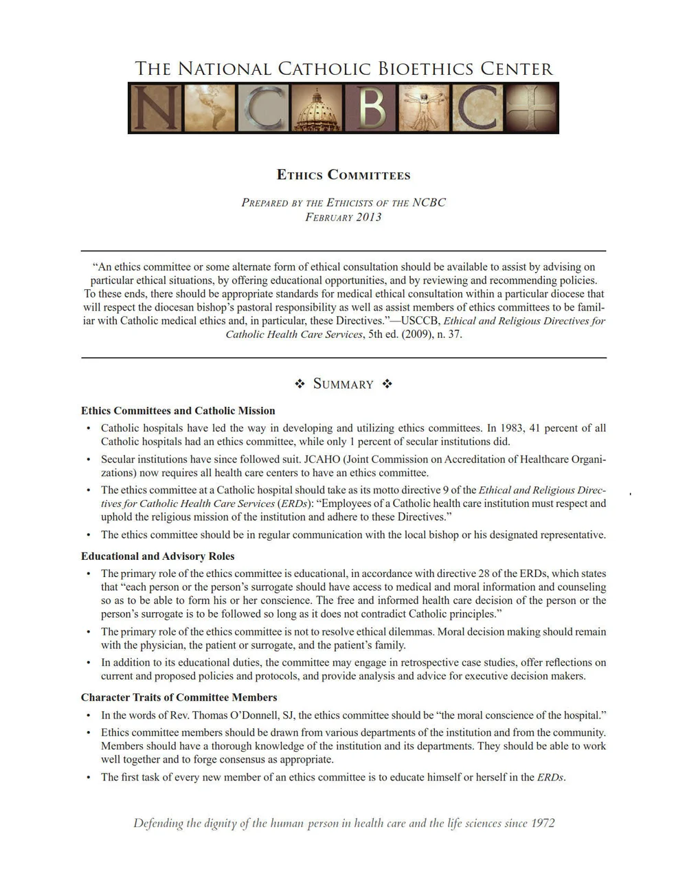 Summary: Ethics Committees — The National Catholic Bioethics Center