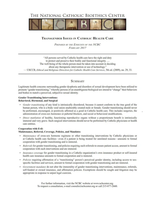 Summary: Transgender Issues in Catholic Health Care — The National