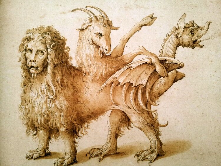 Jacopo Ligozzi,  Chimera,  1590–1610, white lead, pencil and chalk on yellow paper.