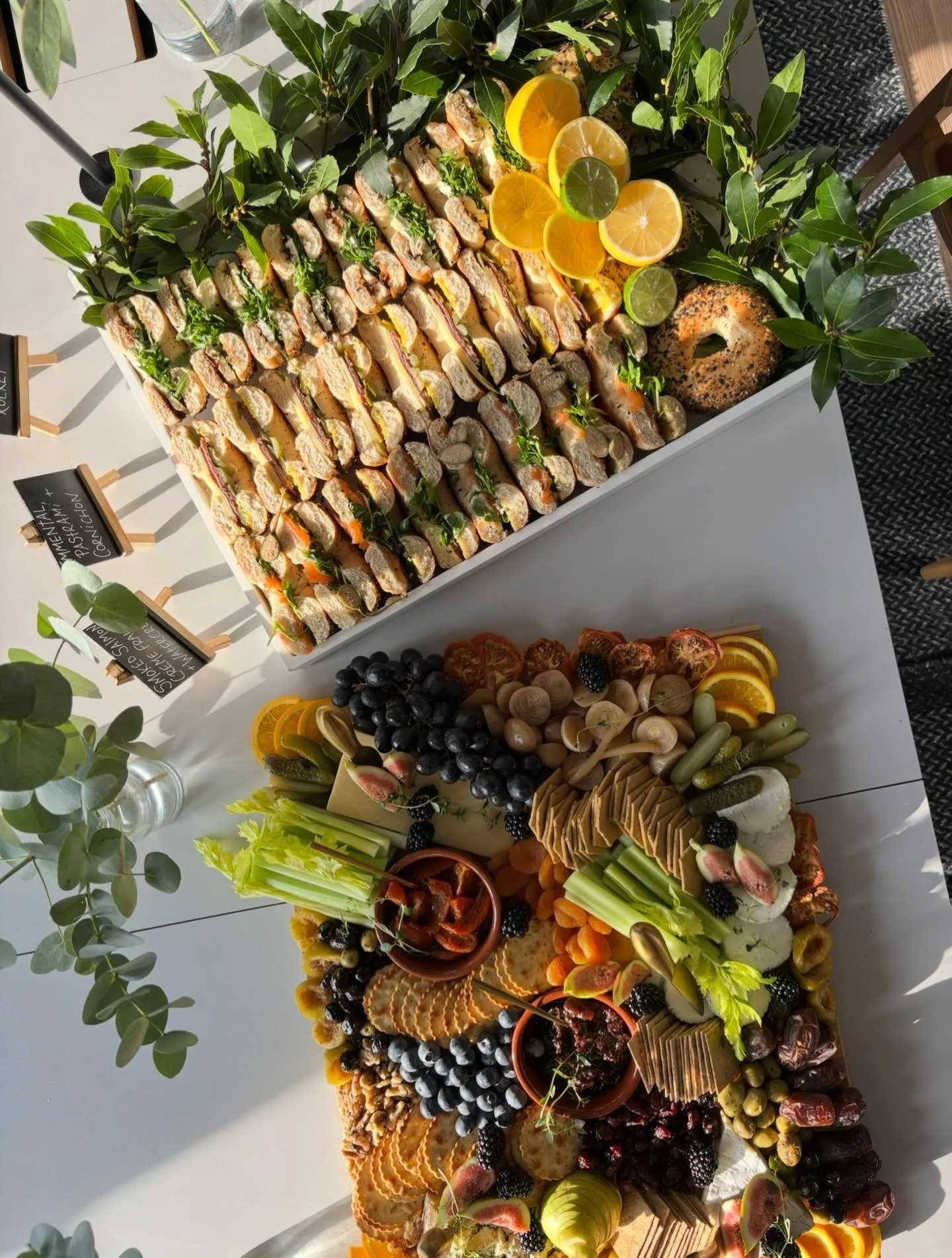 PLATTER UP ✨
&bull;
Serving looks and flavour in the winter sunshine ☀️🧀
&bull;
Our stunning British Cheese Platter paired to perfection with our 30 Filled Half Bagel Platter for a corporate event - win 🥯
&bull;
Endless filling options &mdash; get 