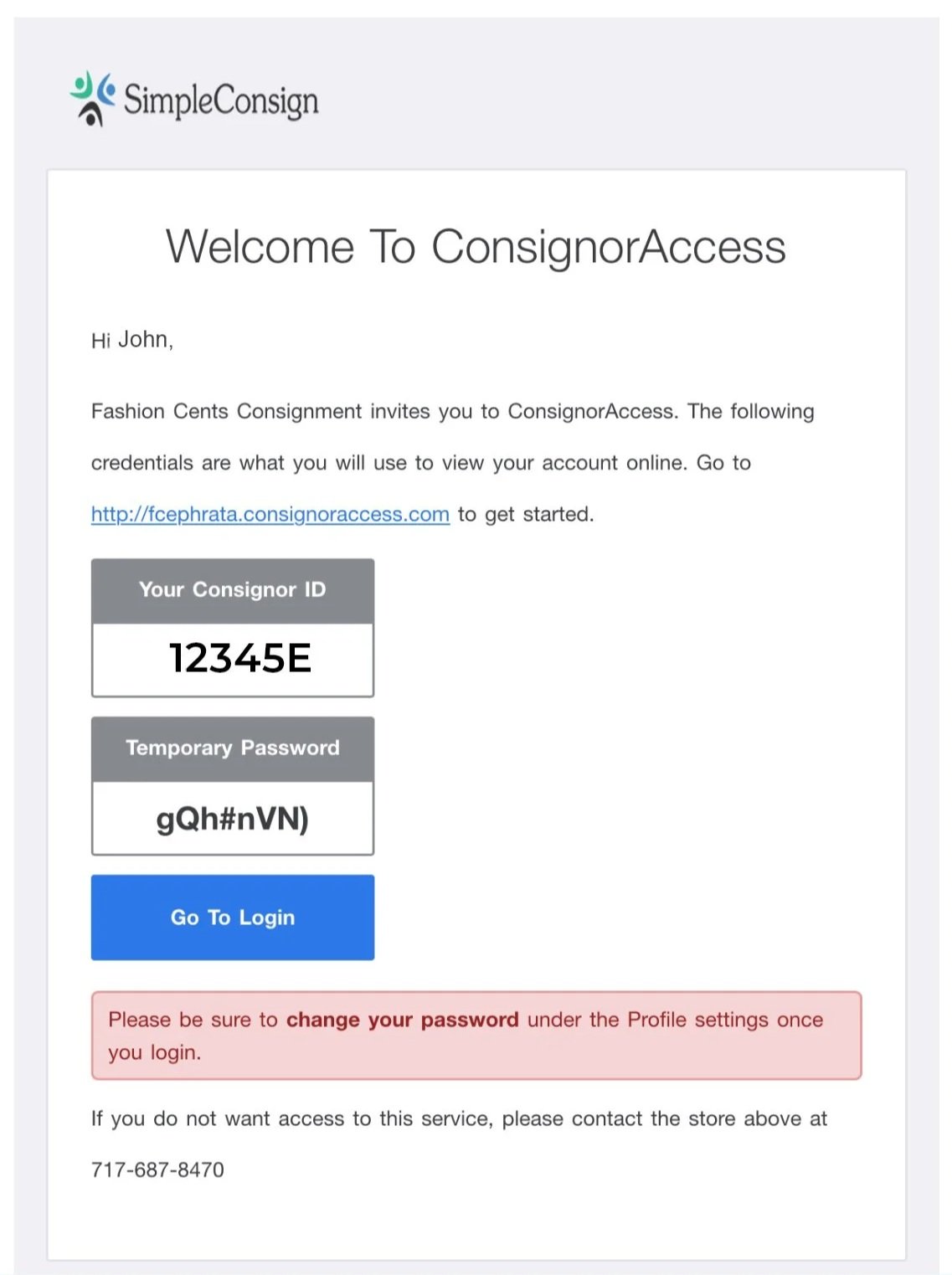 Example of welcome email from Consignor Access Fashion Cents Ephrata