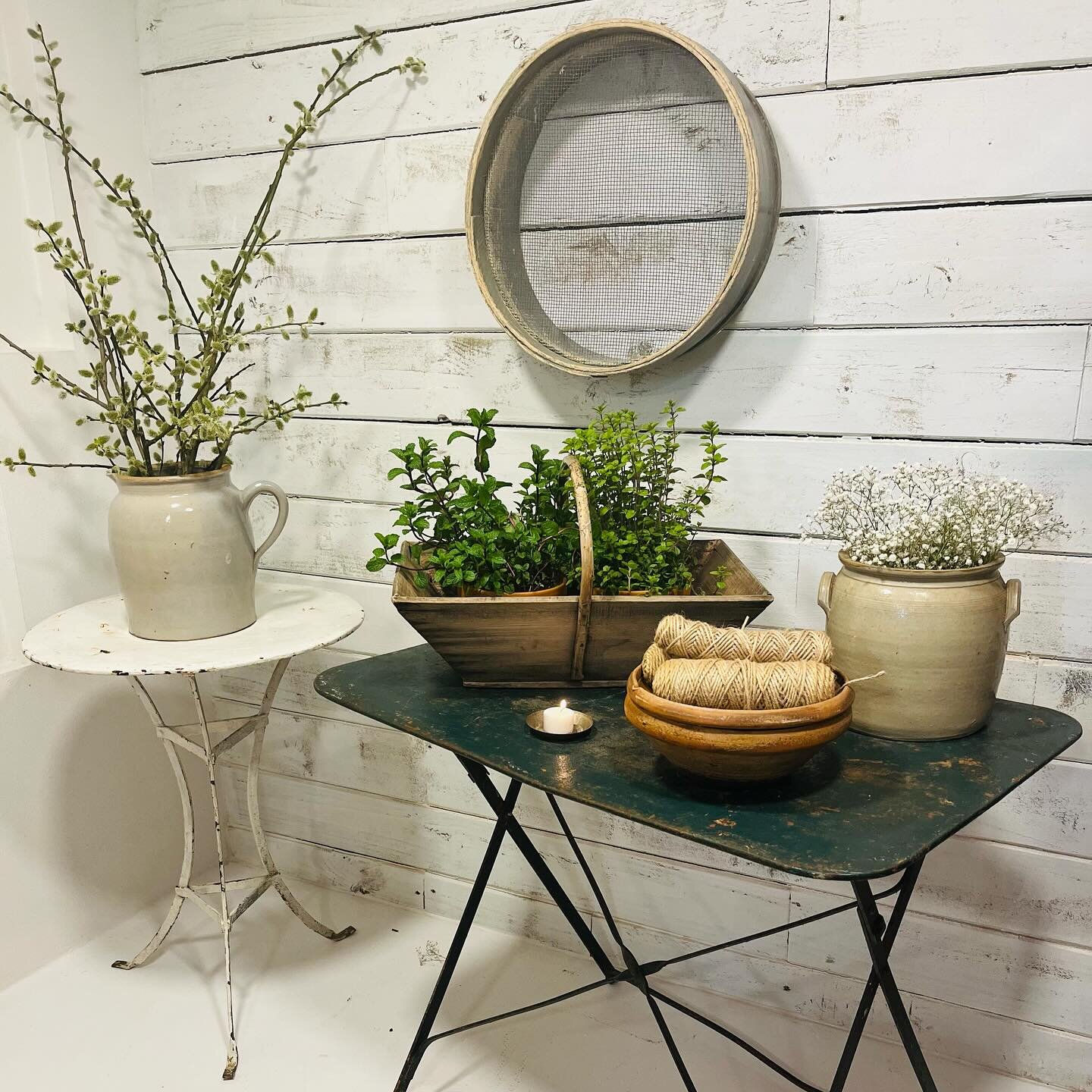 We have these lovely vintage French garden tables available for sale - both great additions to any garden!  A French wooden trug, a large glazed vintage stoneware jug, classic confit pot and an attractive antique French berry drainer also for sale.  