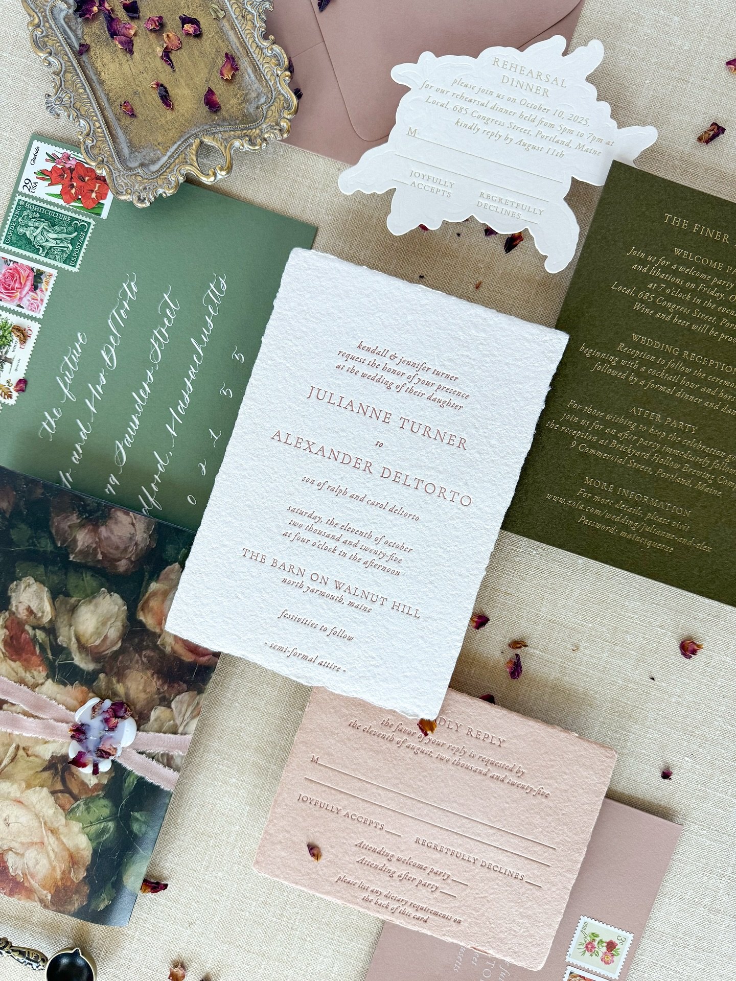 A closer look at a recent custom wedding suite for J&amp;A, meticulously designed to reflect a Julianne&rsquo;s unique vision. We layered rich tones and distinct textures to create a cohesive and memorable first impression for their celebration ✨.
.
