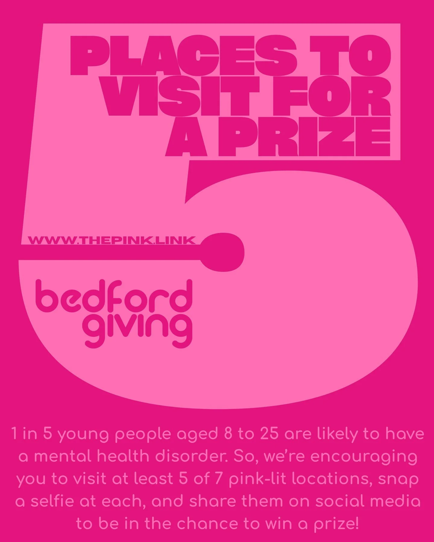 📊 1 in 5 young people aged 8&ndash;25 are likely to have a mental health disorder.
Let&rsquo;s change that together.
✅ Visit at least 5 of 7 pink-lit locations
✅ Take a selfie at each location
✅ Share them for a chance to win!
📅 Friday 10th October