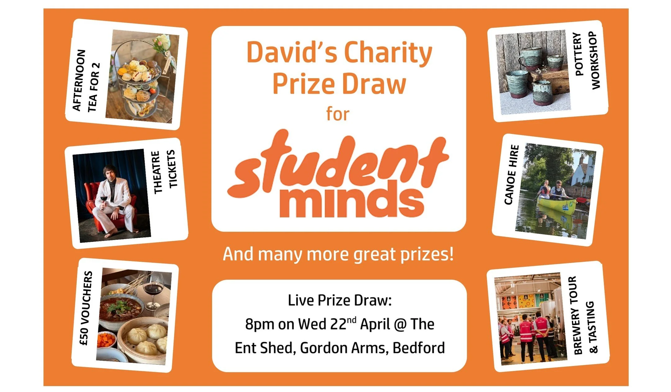We have donated a couple tickets to this event! Enter the prize draw to support Student Minds and you could win a brewery tour, afternoon tea, a pottery workshop or many more great prizes! https://www.crowdfunder.co.uk/p/davids-prize-draw-for-student