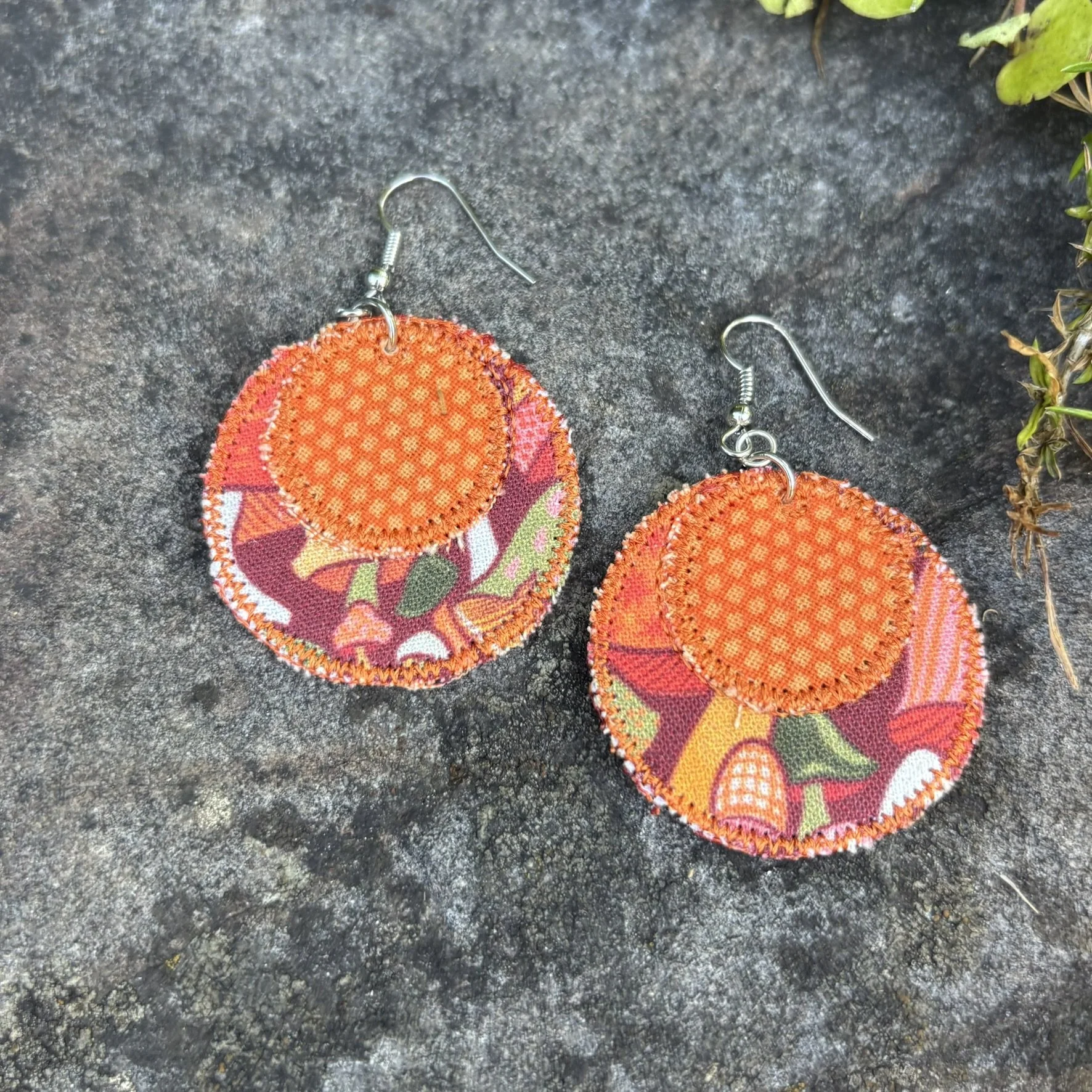 Upcycled Retro Mushroom Handmade Fabric Scrap Circle Earrings